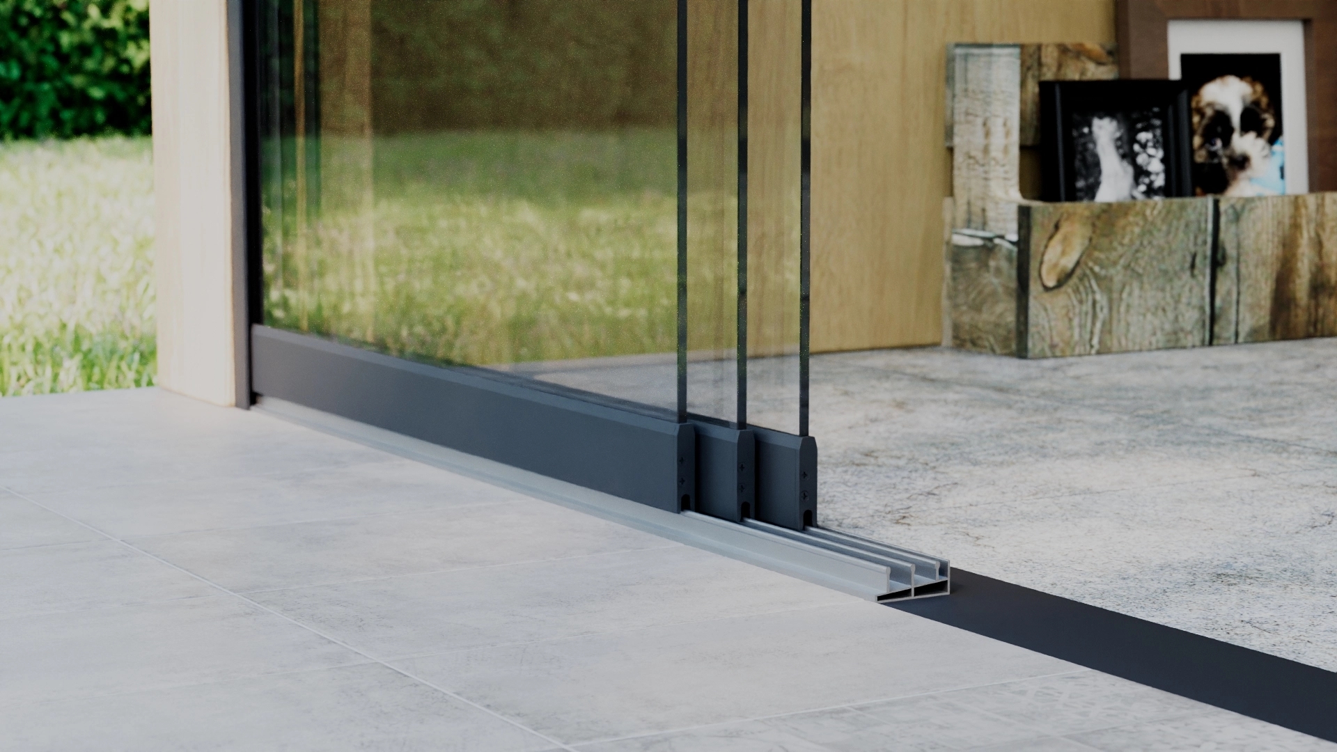 Glazen schuifwand 3-rail 2,42m Antraciet RAL 7016 met helder glas 8mm