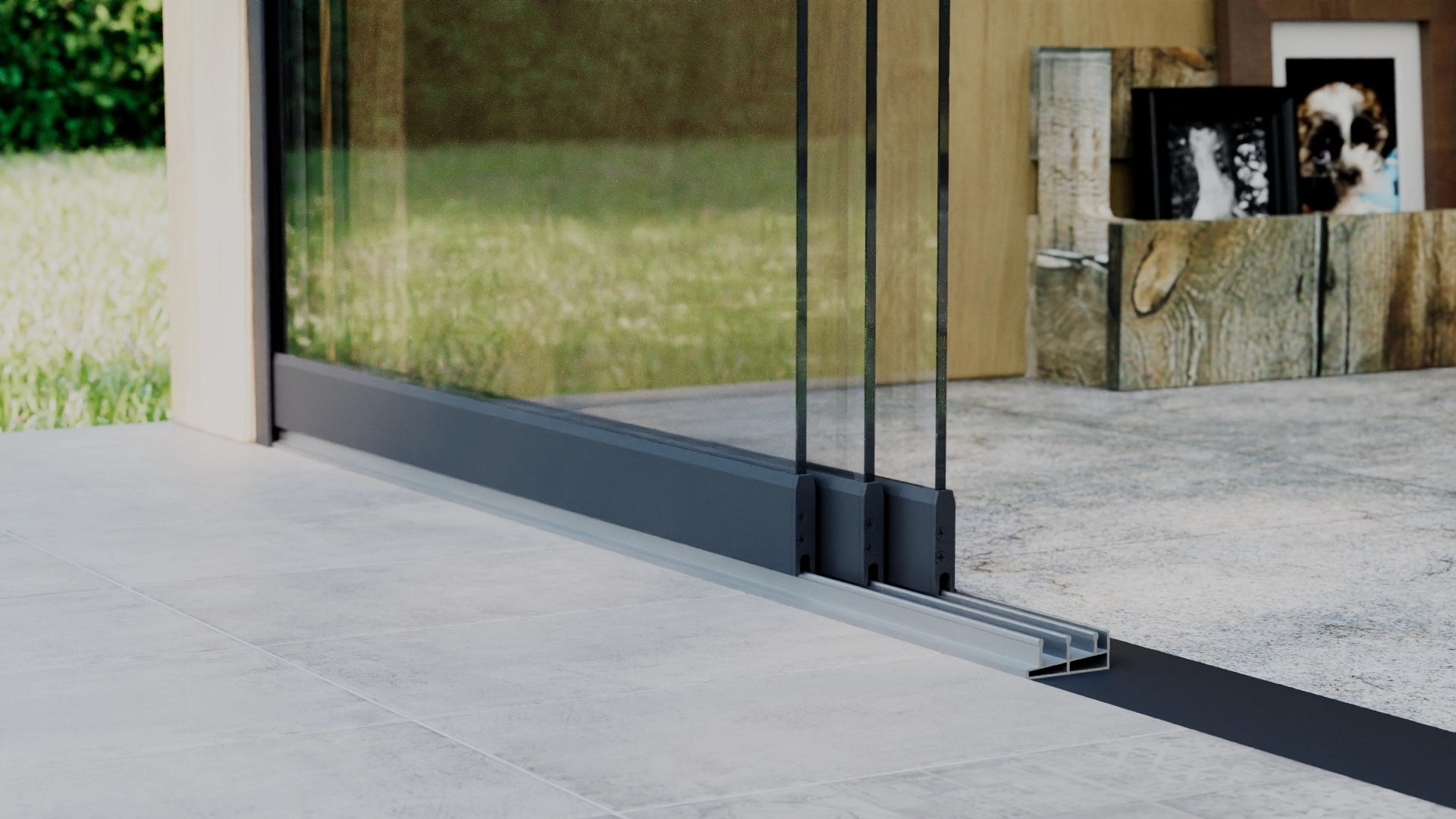 Glazen schuifwand 3-rail 2,9m Antraciet RAL 7016 met helder glas 8mm