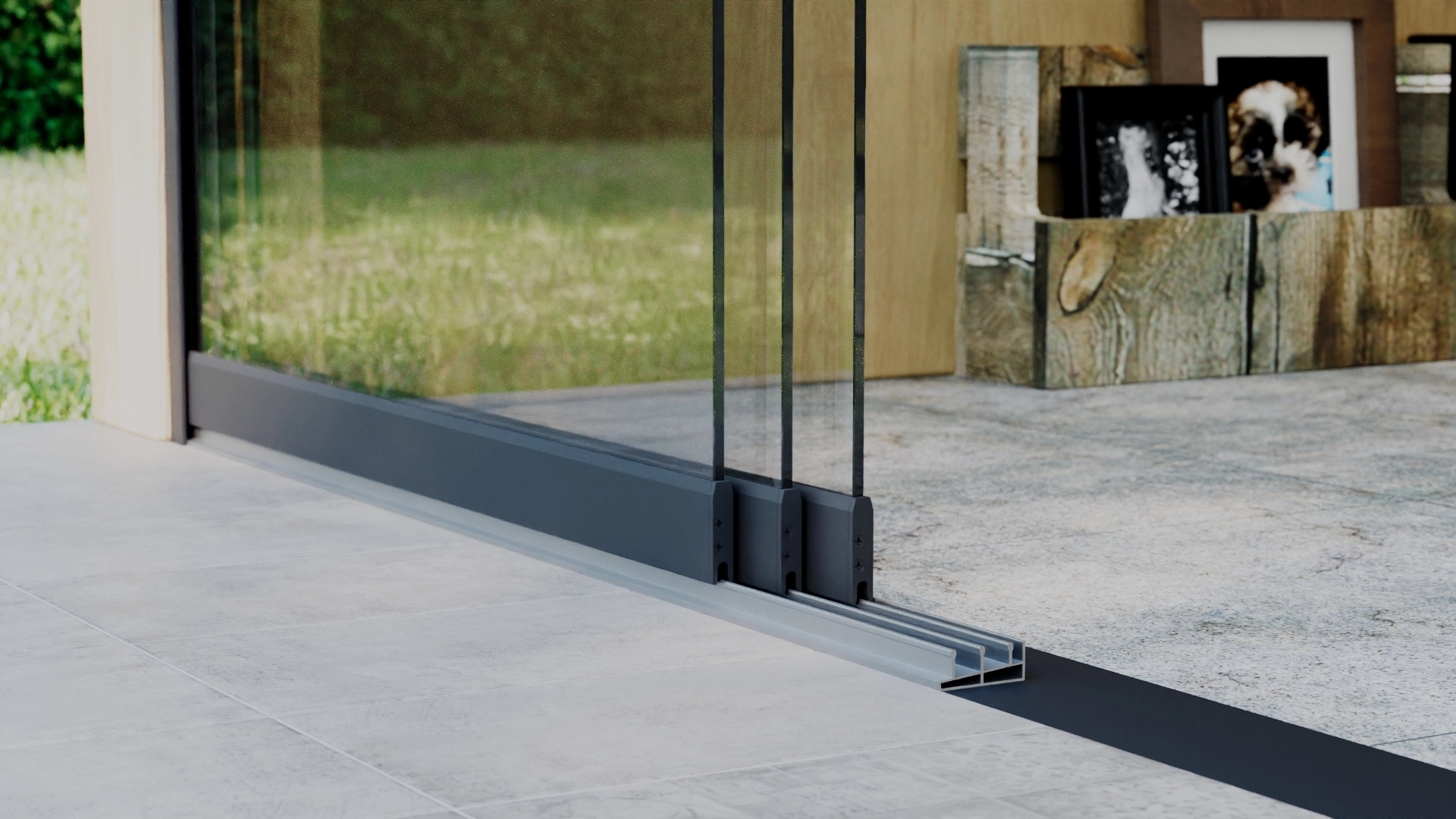 Glazen schuifwand 3-rail 3m Antraciet RAL 7016 met helder glas 8mm