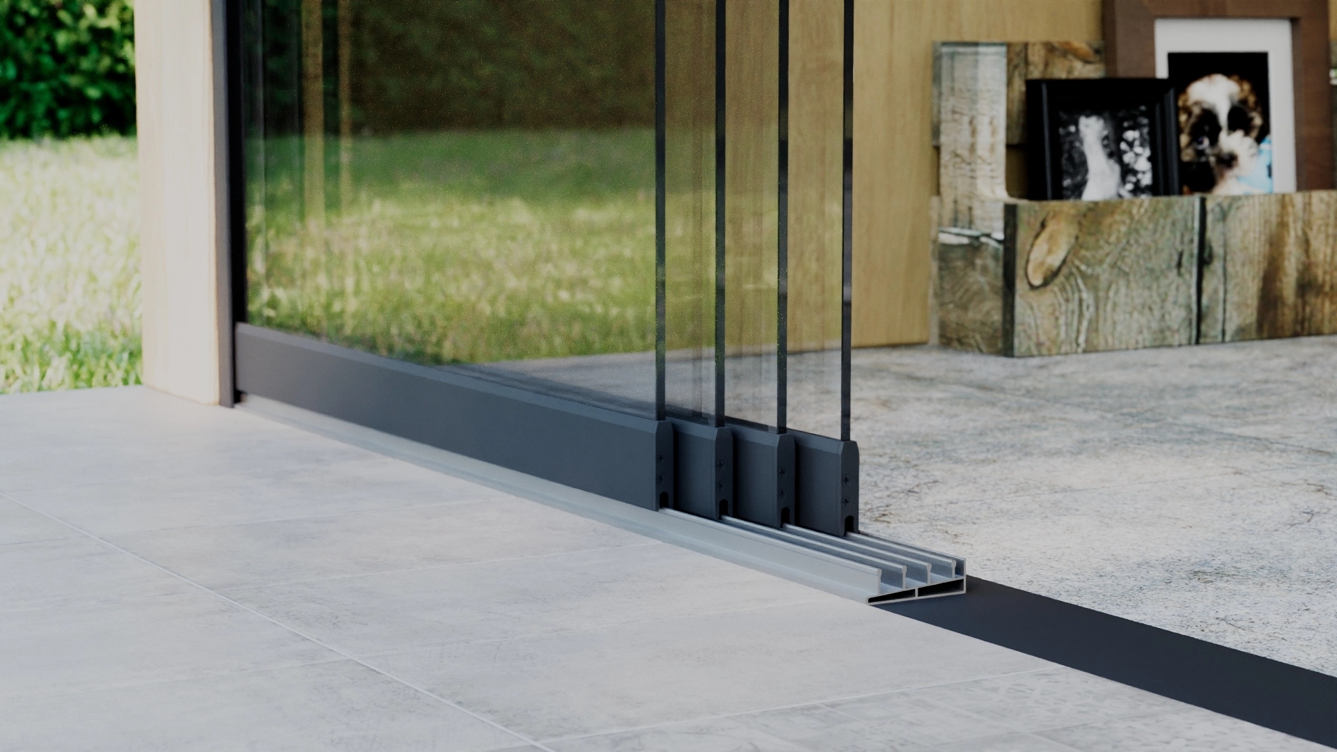 Glazen schuifwand 4-rail 3,22m Antraciet RAL 7016 met helder glas 8mm