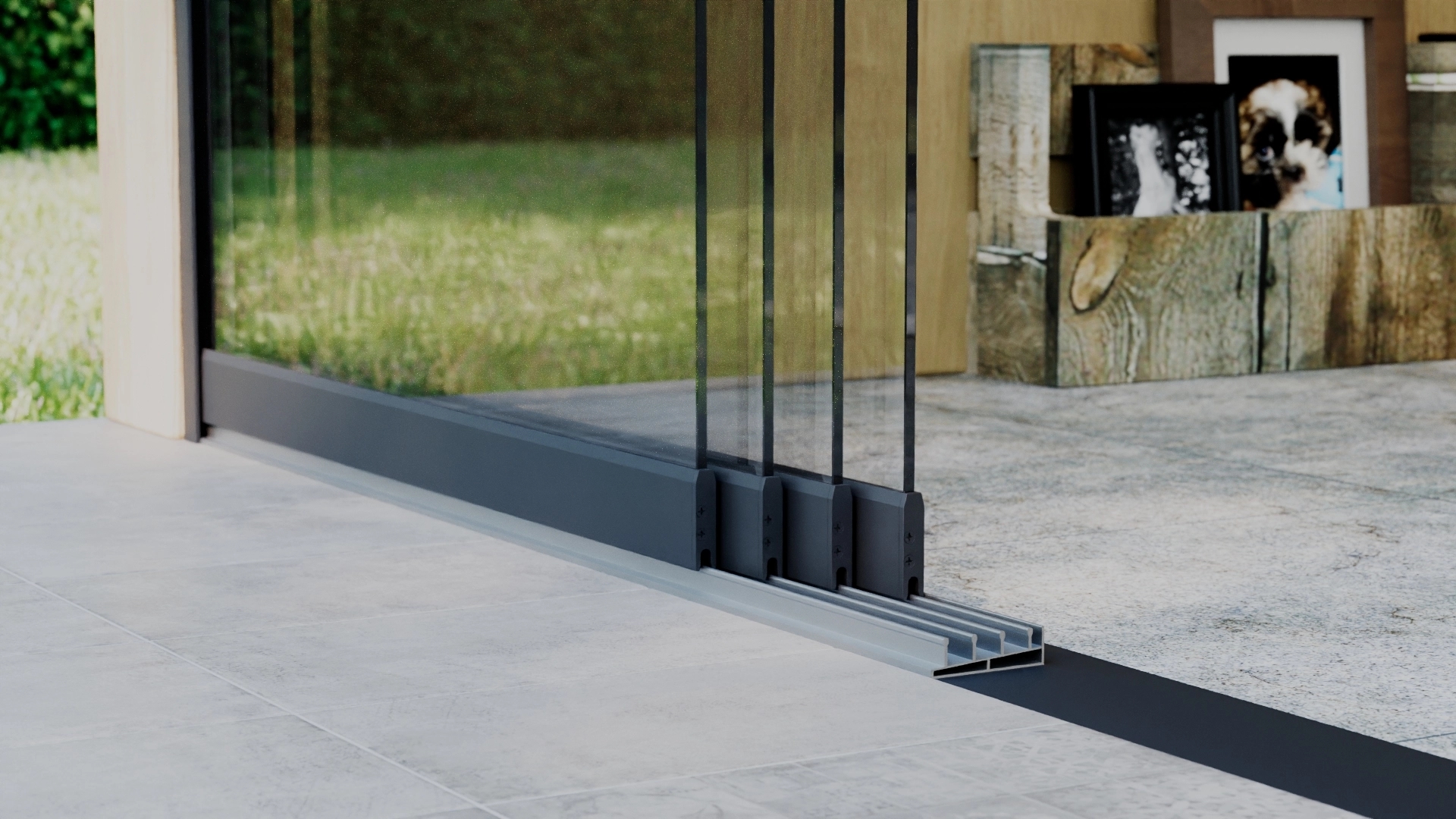 Glazen schuifwand 4-rail 3,86m Antraciet RAL 7016 met helder glas 8mm