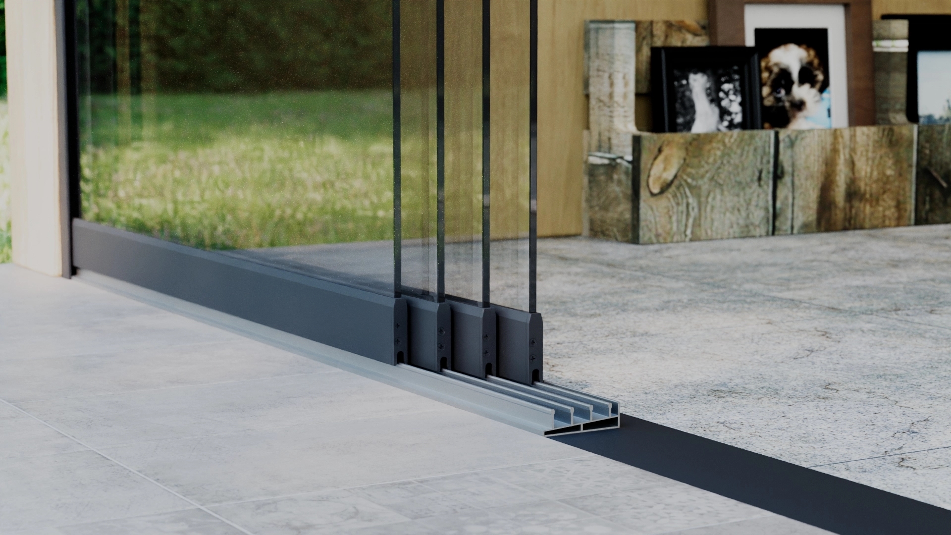 Glazen schuifwand 4-rail 4m Antraciet RAL 7016 met helder glas 8mm