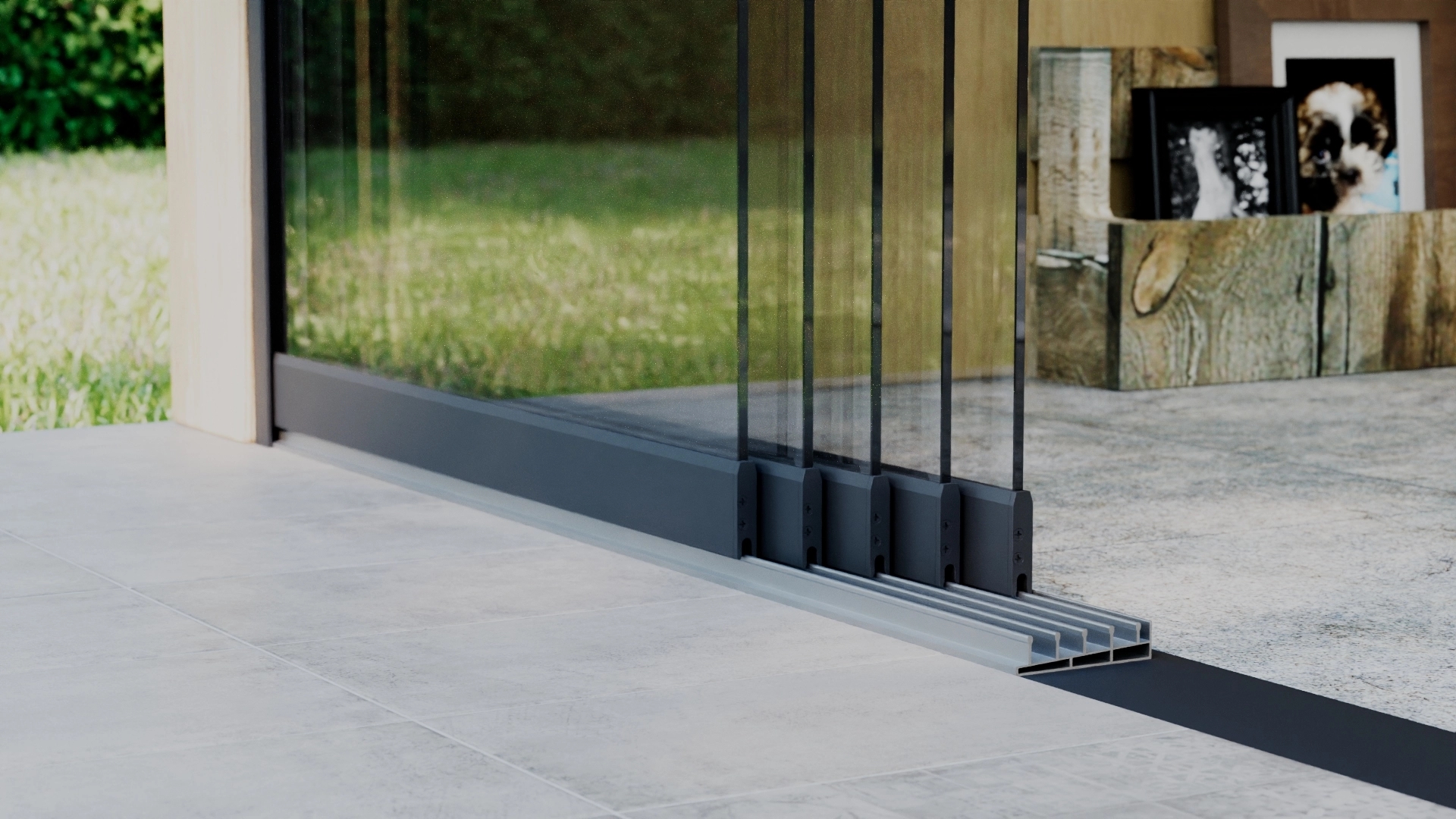 Glazen schuifwand 5-rail 4,02m Antraciet RAL 7016 met helder glas 8mm