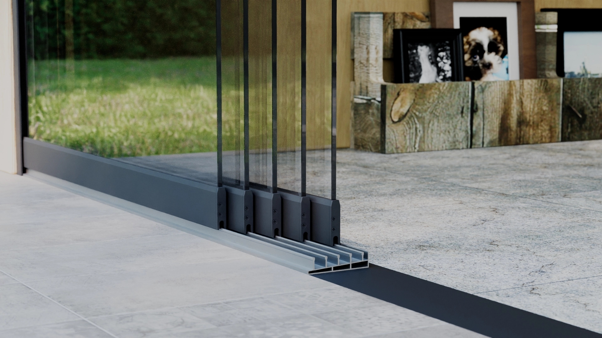 Glazen schuifwand 5-rail 5m Antraciet RAL 7016 met helder glas 8mm