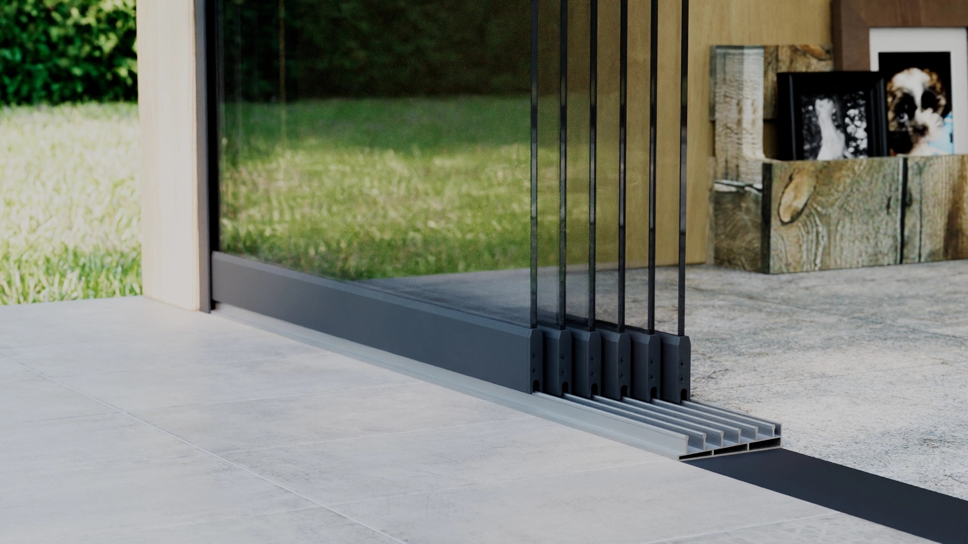 Glazen schuifwand 5-rail 4,82m Antraciet RAL 7016 met helder glas 8mm