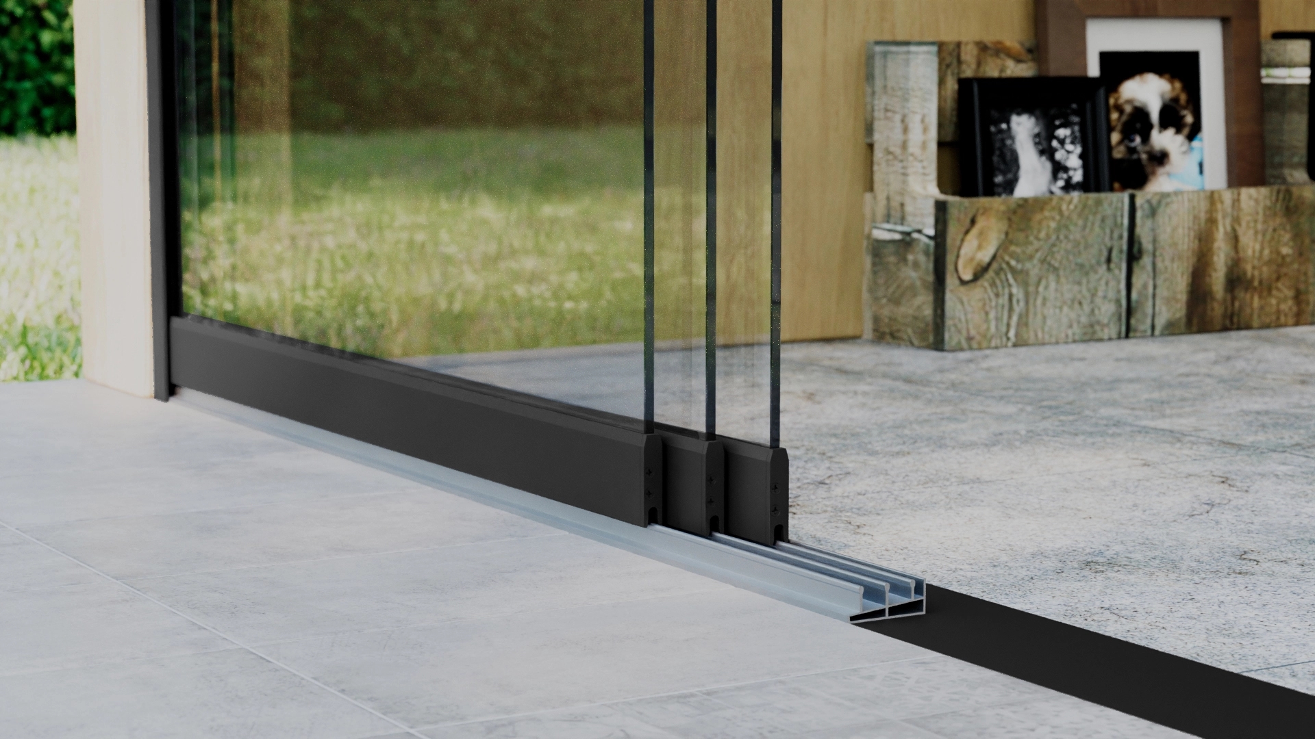 Glazen schuifwand 3-rail 3m Zwart RAL 9005 met helder glas 8mm