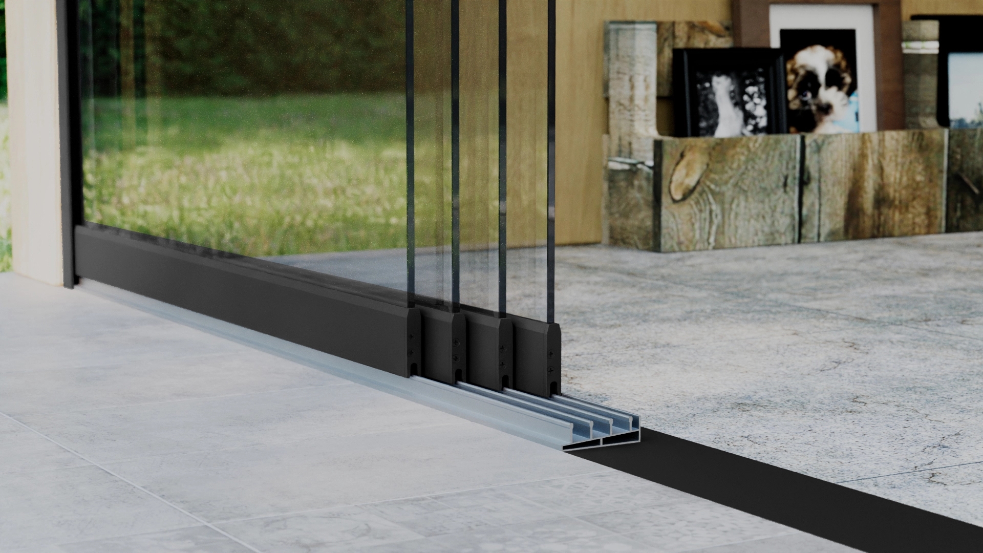 Glazen schuifwand 4-rail 4m Zwart RAL 9005 met helder glas 8mm