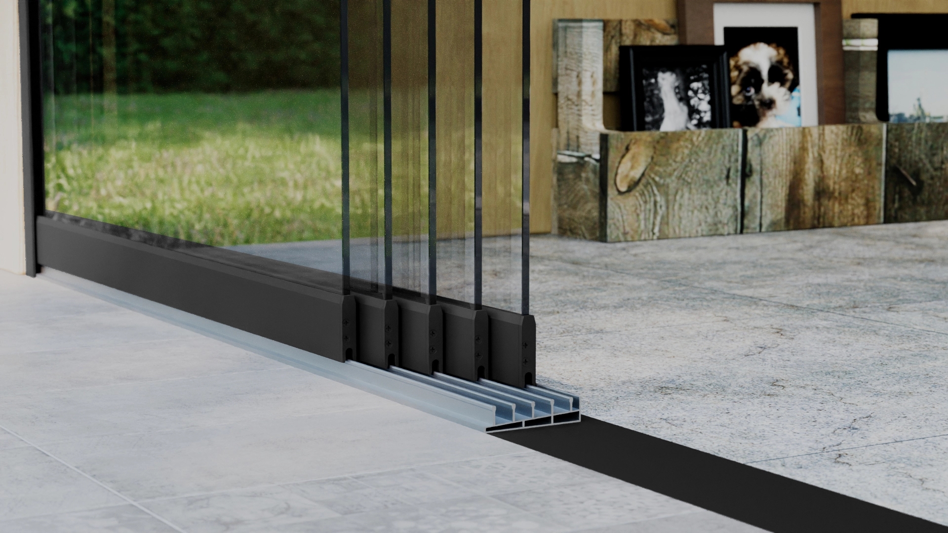 Glazen schuifwand 5-rail 5m Zwart RAL 9005 met helder glas 8mm