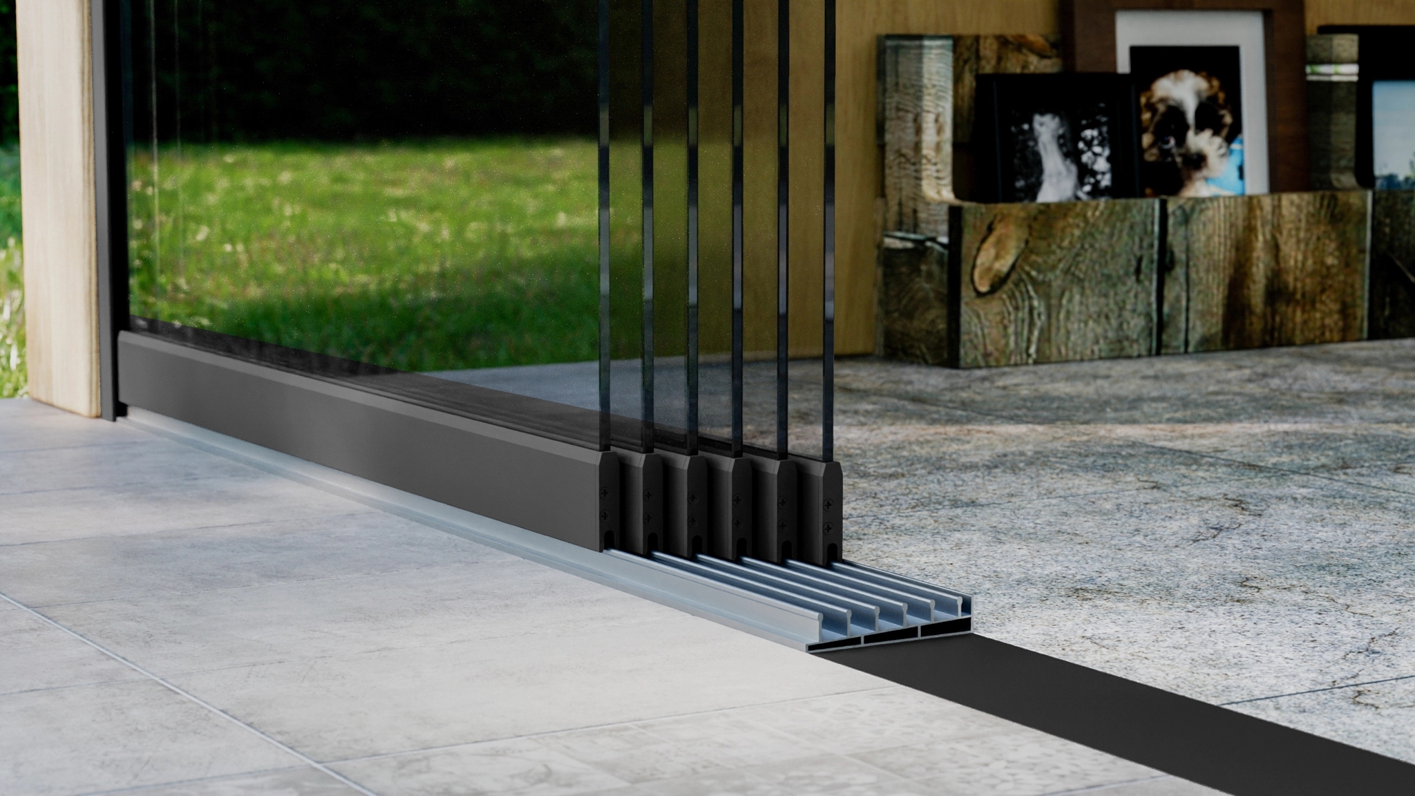 Glazen schuifwand 2-rail 1,84m Zwart RAL 9005 met helder glas 10mm