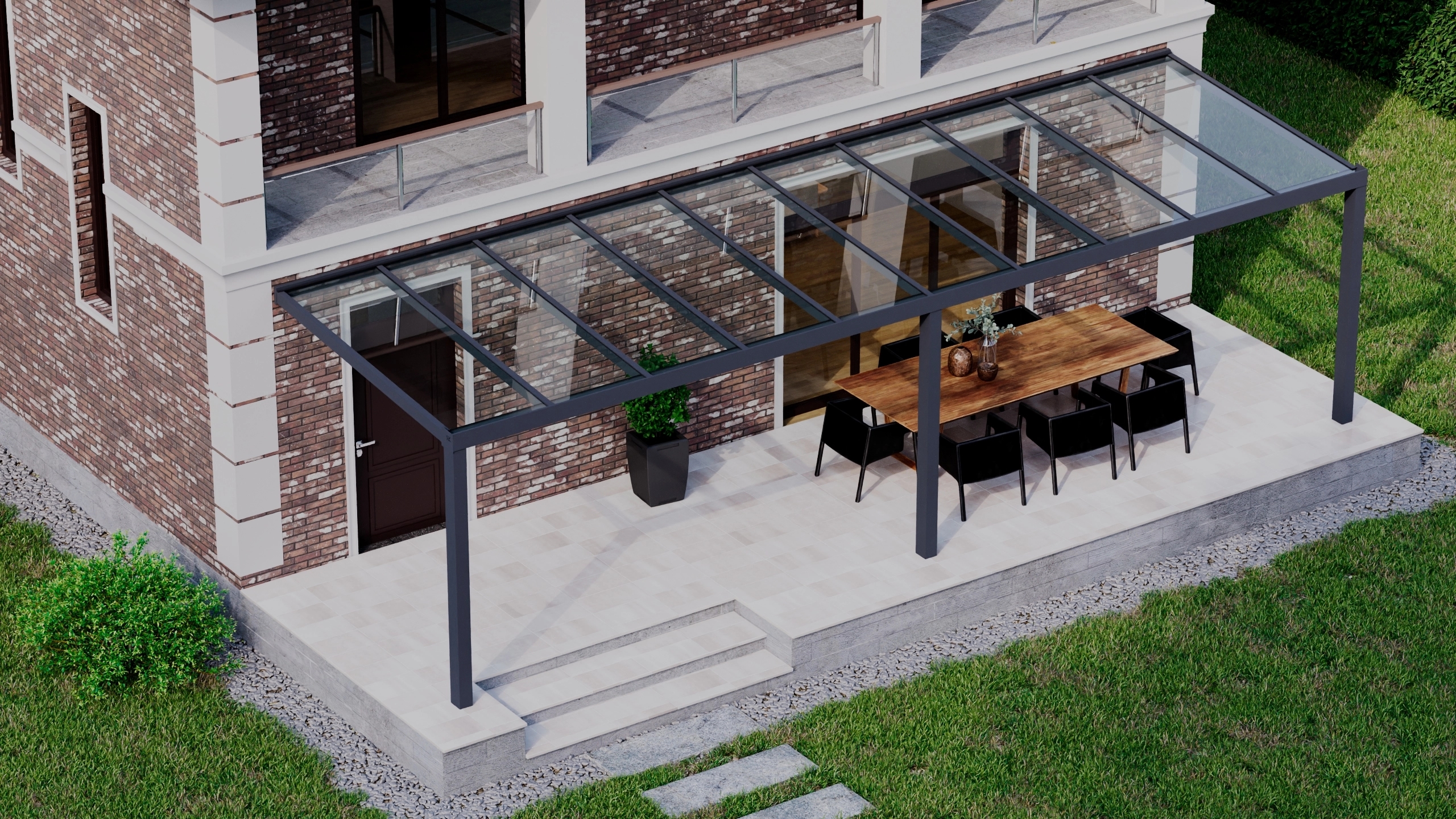 Terrasoverkapping 10,06m x 3m Antraciet RAL 7016 met VSG helder glas 8mm