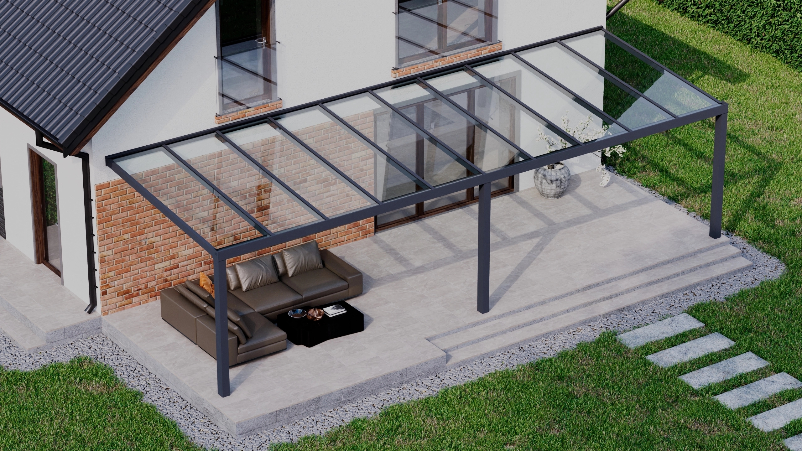Terrasoverkapping 10,06m x 3,5m Antraciet RAL 7016 met VSG helder glas 8mm
