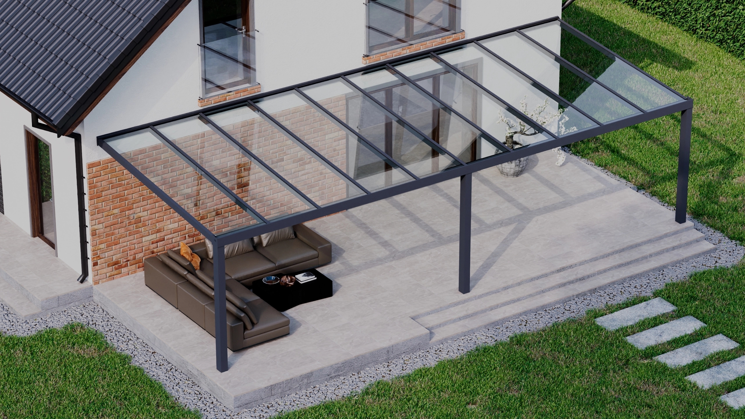 Terrasoverkapping 10,06m x 4m Antraciet RAL 7016 met VSG helder glas 8mm