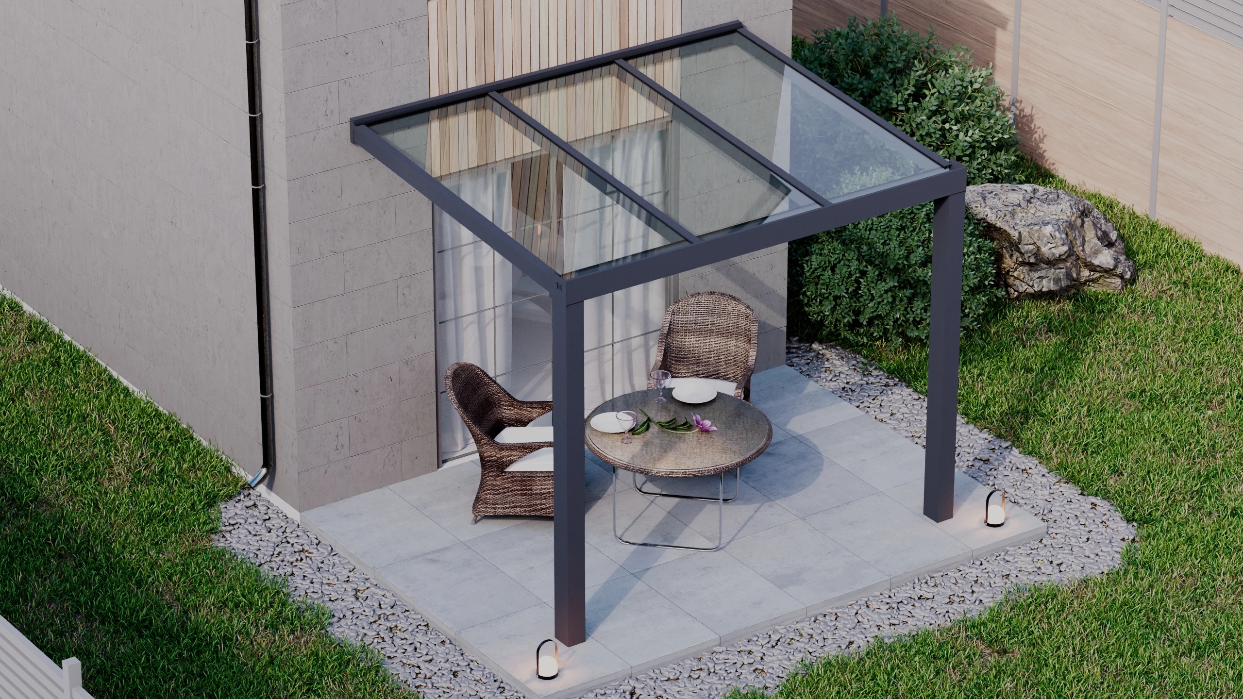 Terrasoverkapping 3,06m x 2,5m Antraciet RAL 7016 met VSG helder glas 8mm