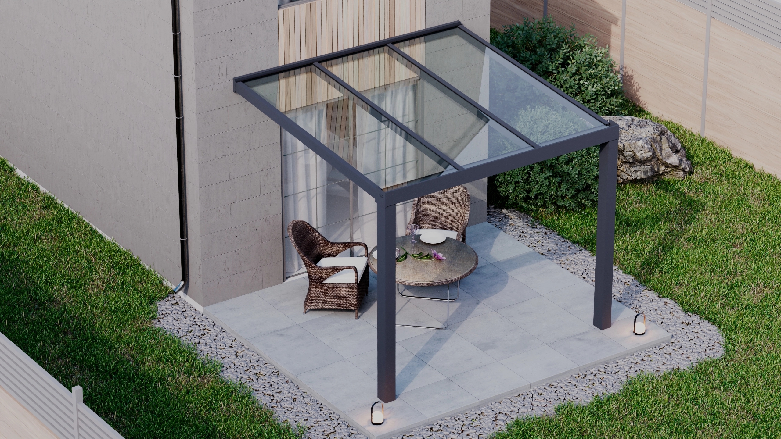Terrasoverkapping 3,06m x 3m Antraciet RAL 7016 met VSG helder glas 8mm