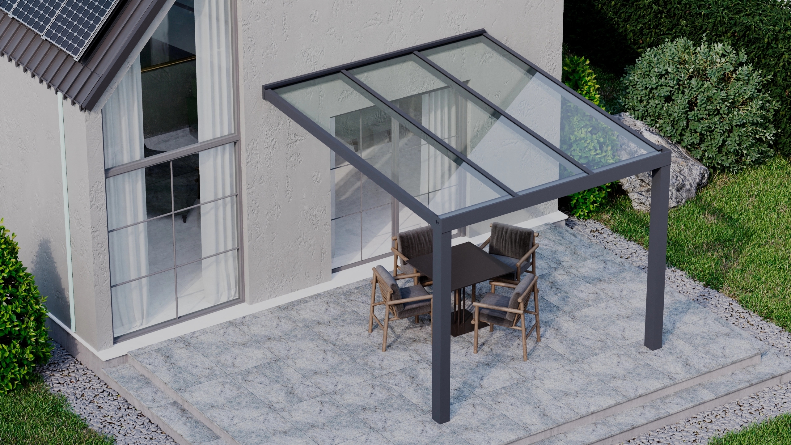 Terrasoverkapping 3,06m x 3,5m Antraciet RAL 7016 met VSG helder glas 8mm