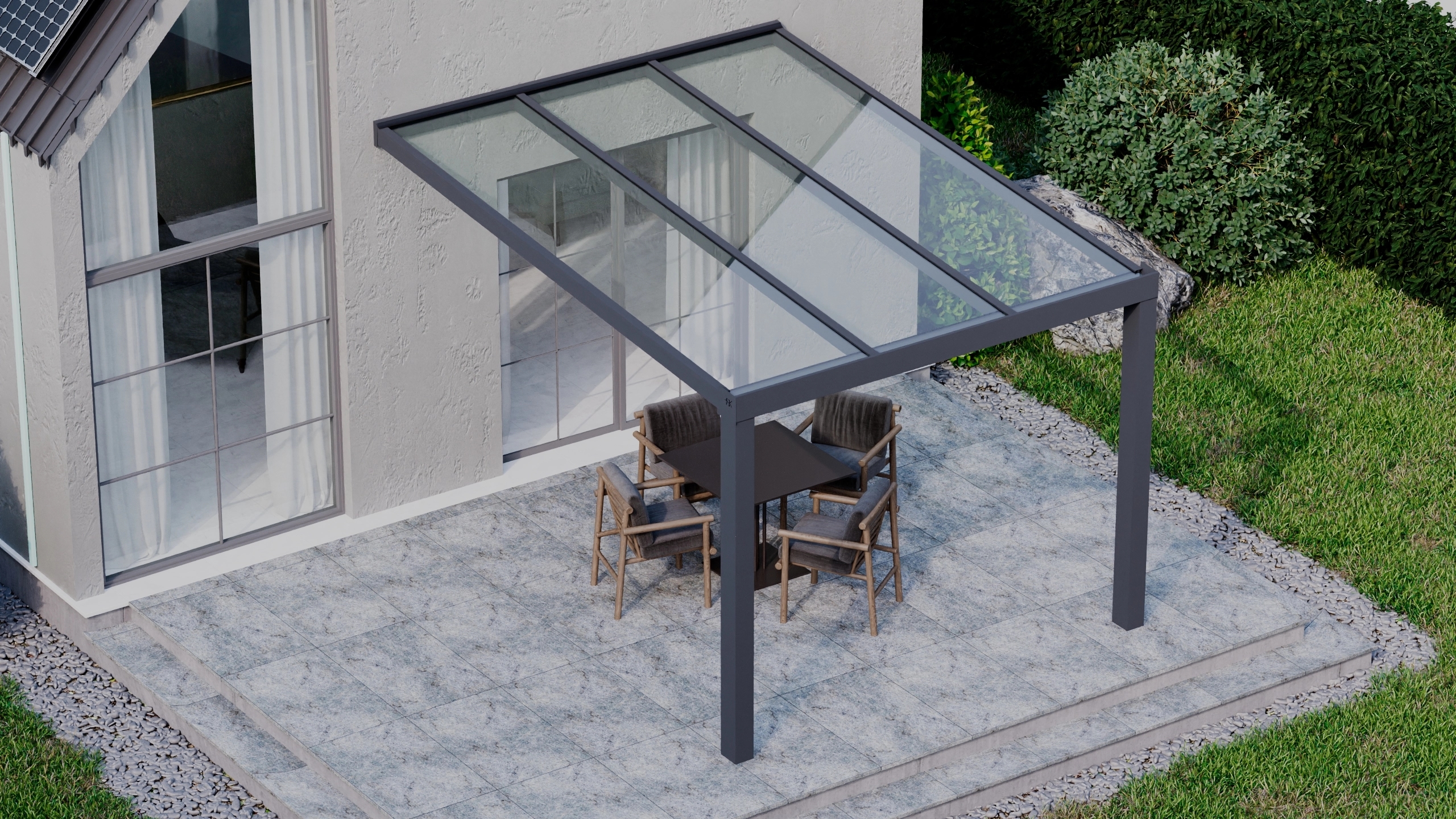 Terrasoverkapping 3,06m x 4m Antraciet RAL 7016 met VSG helder glas 8mm