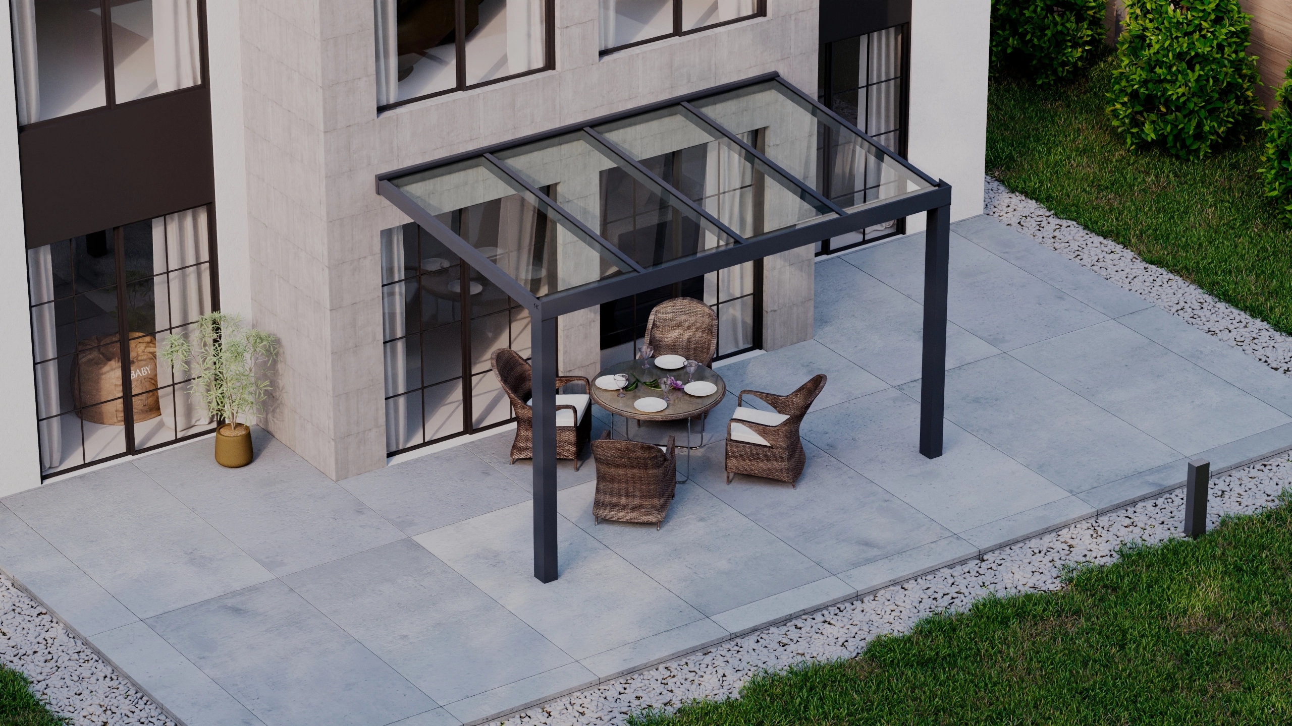Terrasoverkapping 4,06m x 2,5m Antraciet RAL 7016 met VSG helder glas 8mm