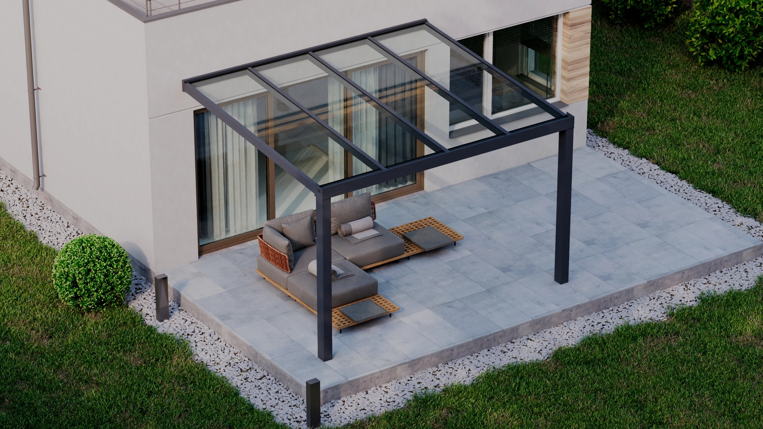 Terrasoverkapping 4,06m x 3,5m Antraciet RAL 7016 met VSG helder glas 8mm