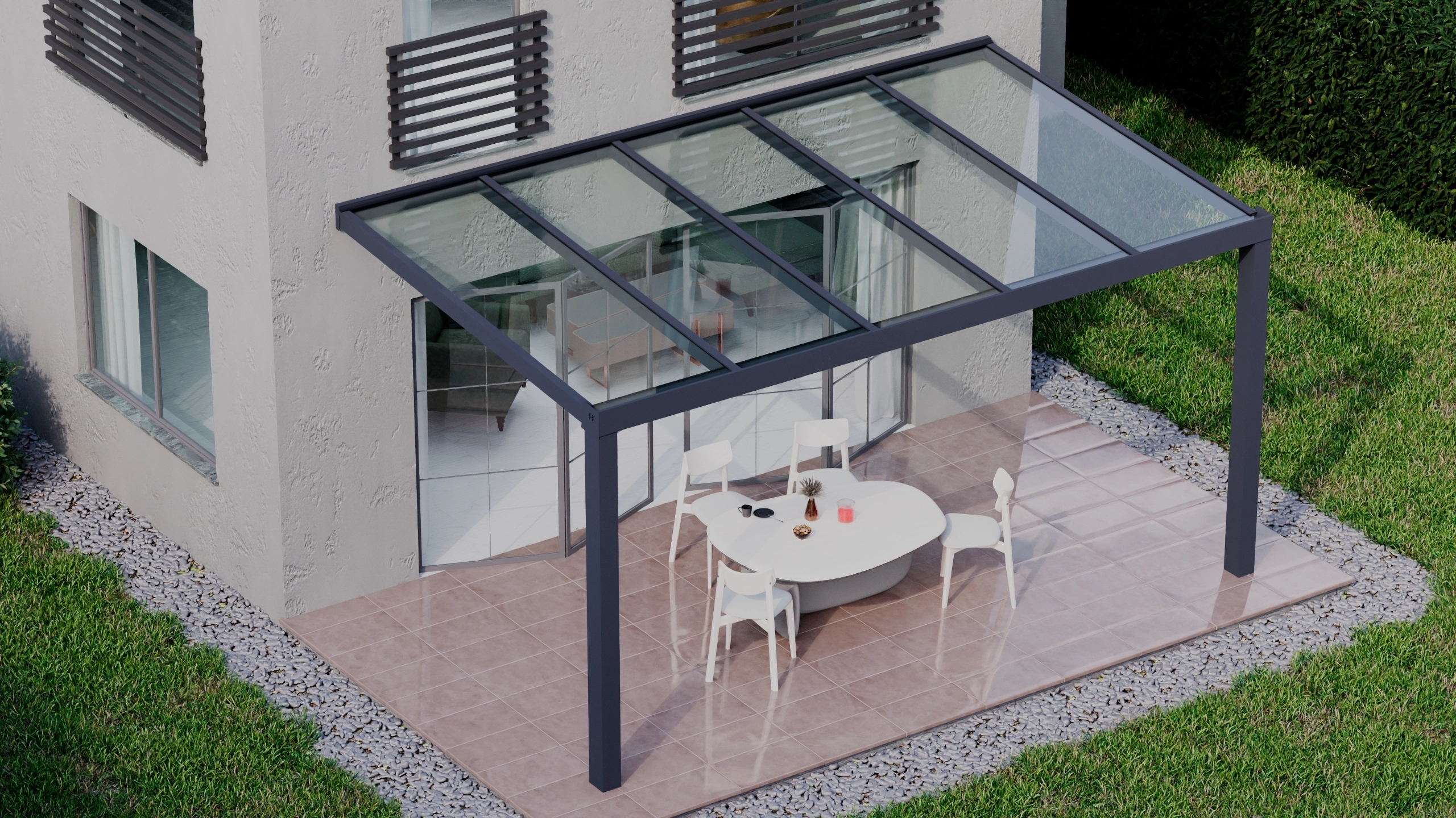 Terrasoverkapping 5,06m x 3m Antraciet RAL 7016 met VSG helder glas 8mm