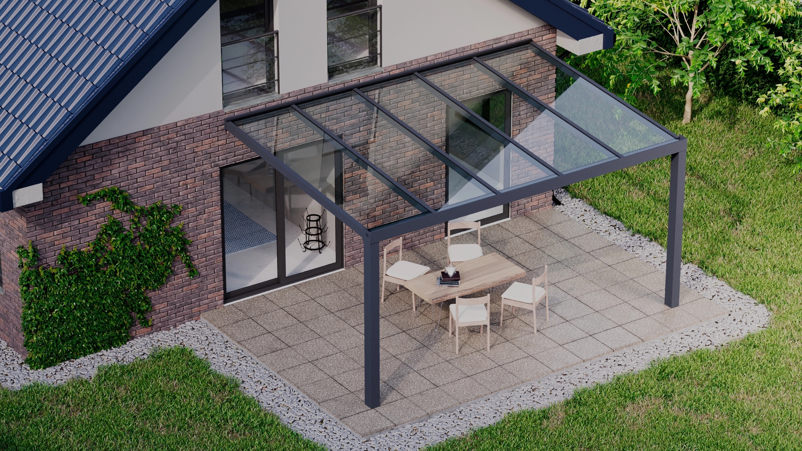 Terrasoverkapping 5,06m x 3,5m Antraciet RAL 7016 met VSG helder glas 8mm