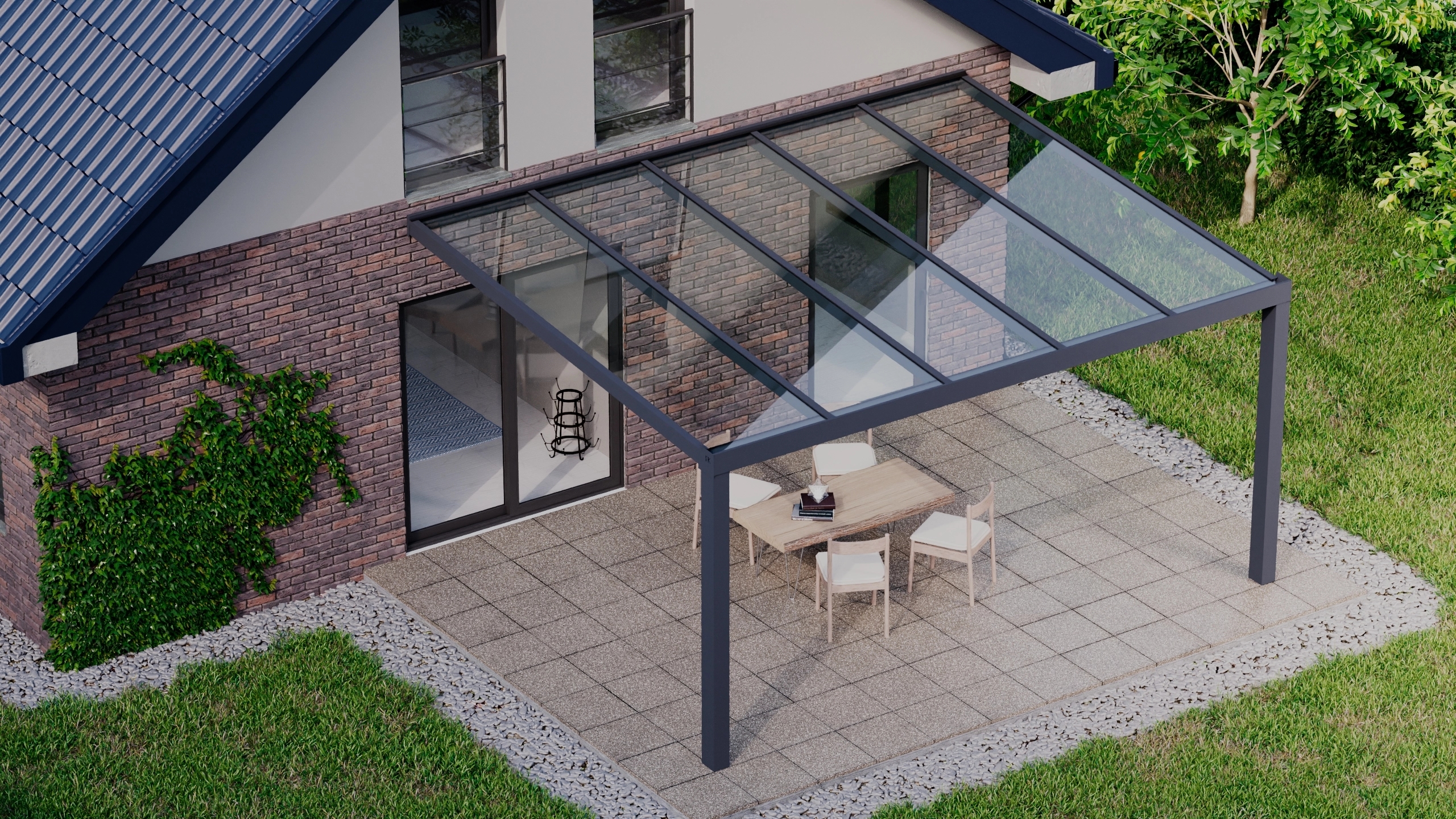 Terrasoverkapping 5,06m x 4m Antraciet RAL 7016 met VSG helder glas 8mm