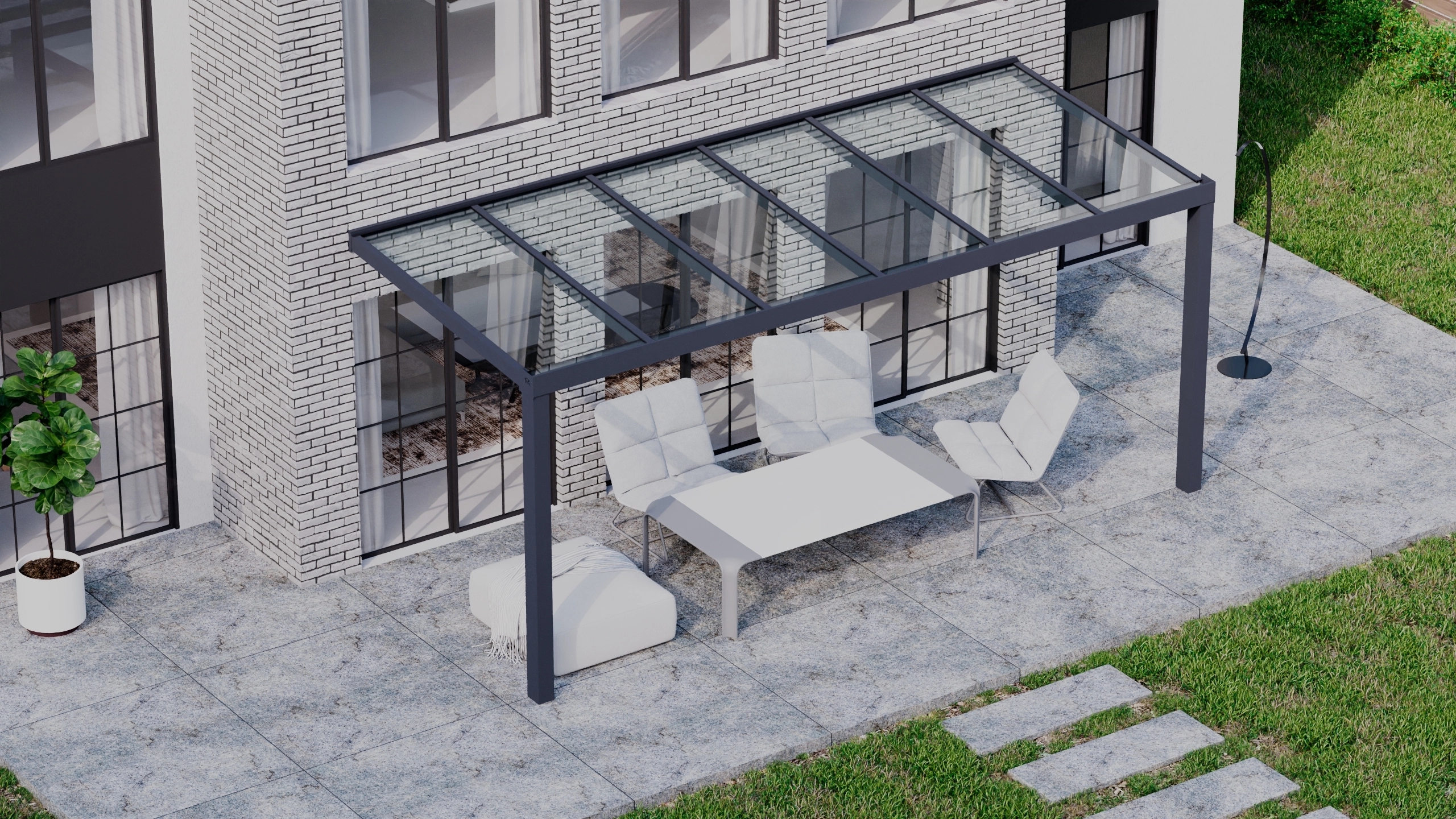 Terrasoverkapping 6,06m x 2,5m Antraciet RAL 7016 met VSG helder glas 8mm