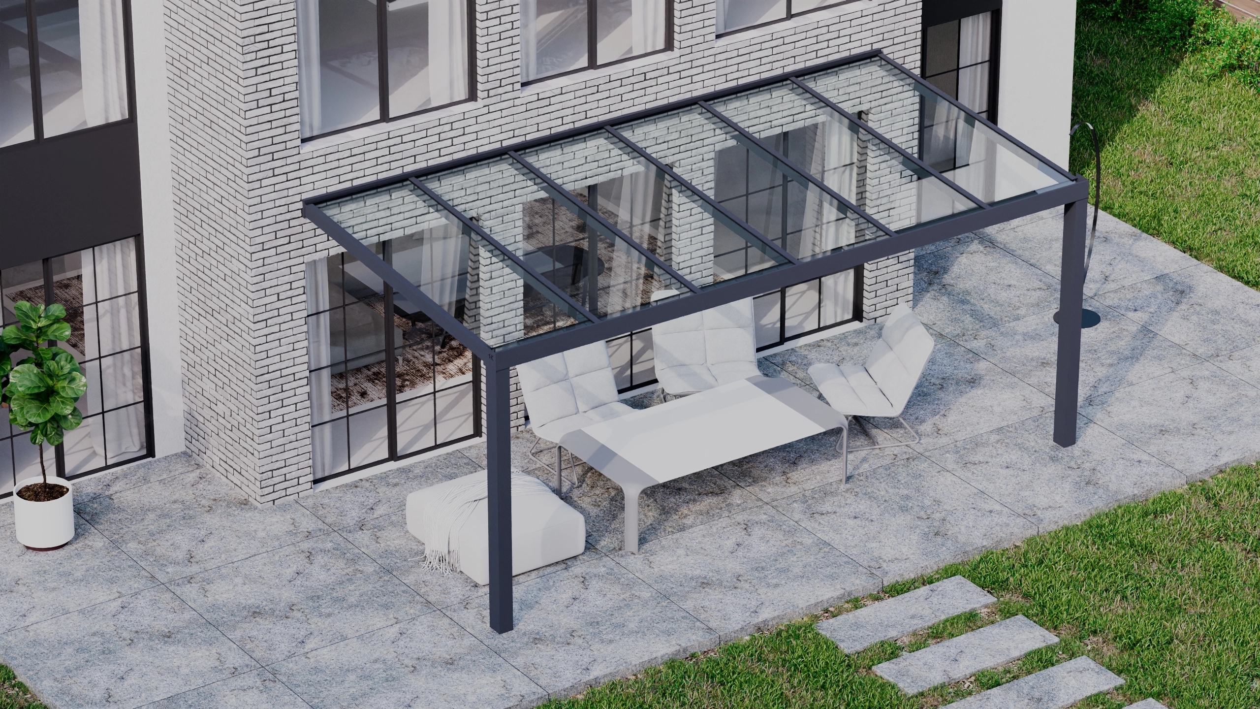 Terrasoverkapping 6,06m x 3m Antraciet RAL 7016 met VSG helder glas 8mm