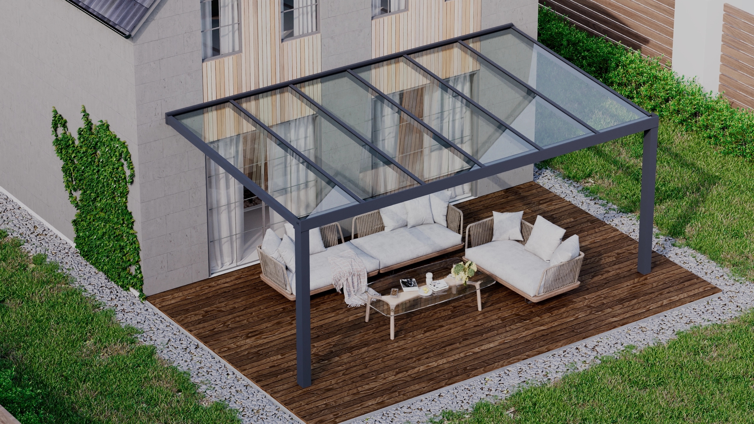 Terrasoverkapping 6,06m x 3,5m Antraciet RAL 7016 met VSG helder glas 8mm