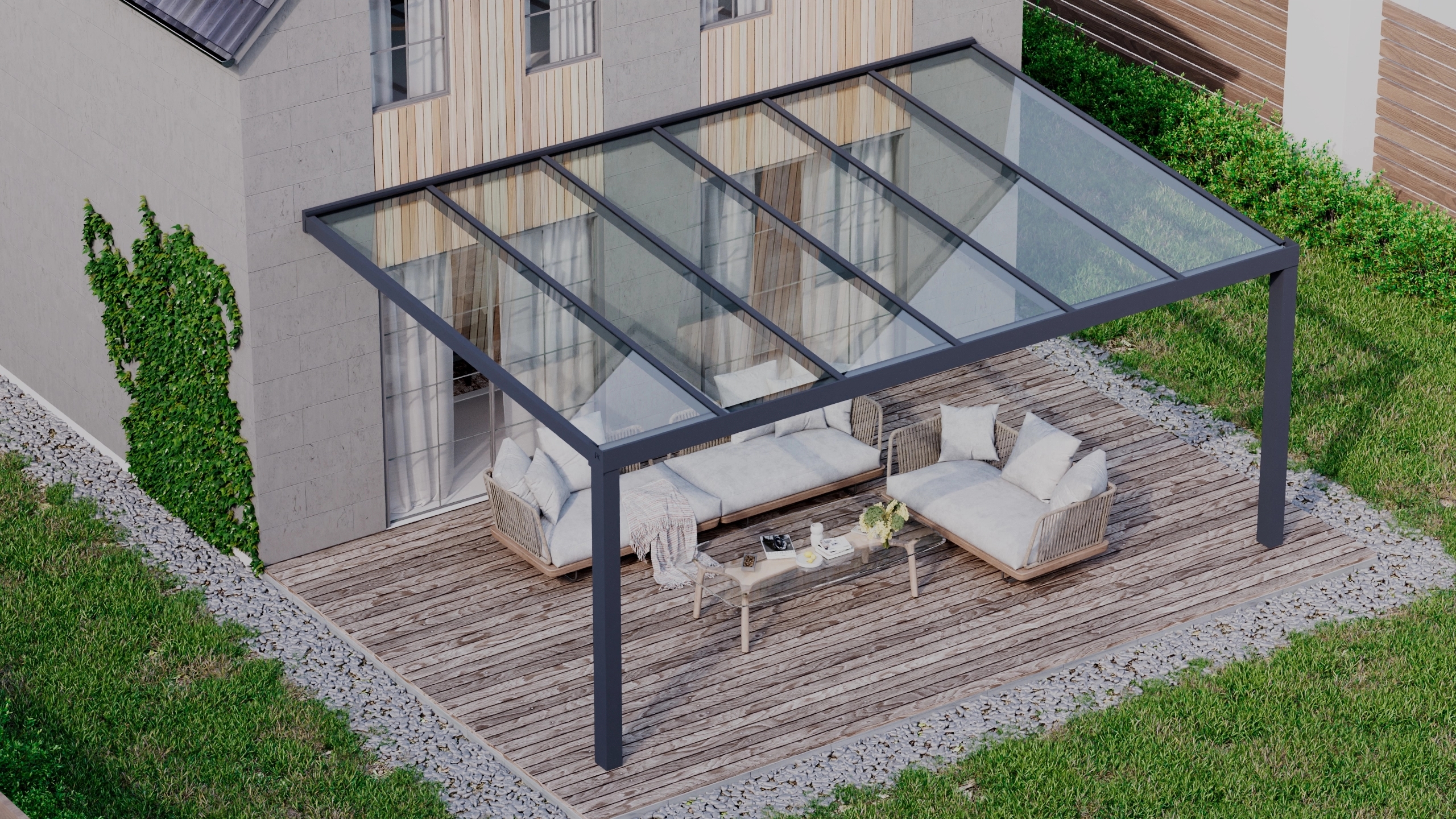 Terrasoverkapping 6,06m x 4m Antraciet RAL 7016 met VSG helder glas 8mm