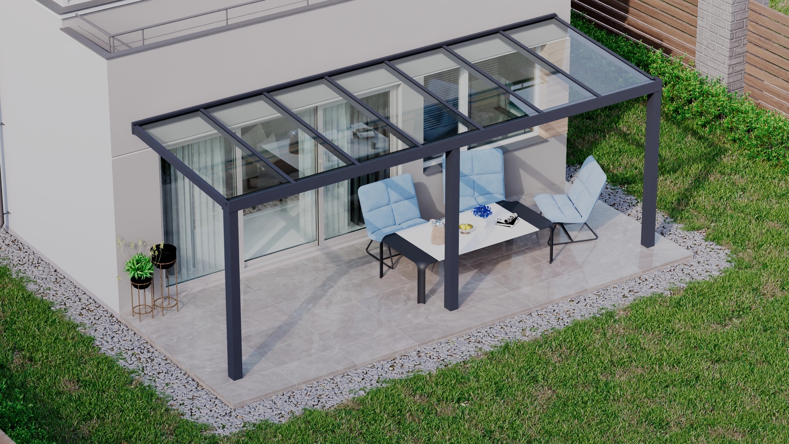 Terrasoverkapping 7,06m x 2,5m Antraciet RAL 7016 met VSG helder glas 8mm