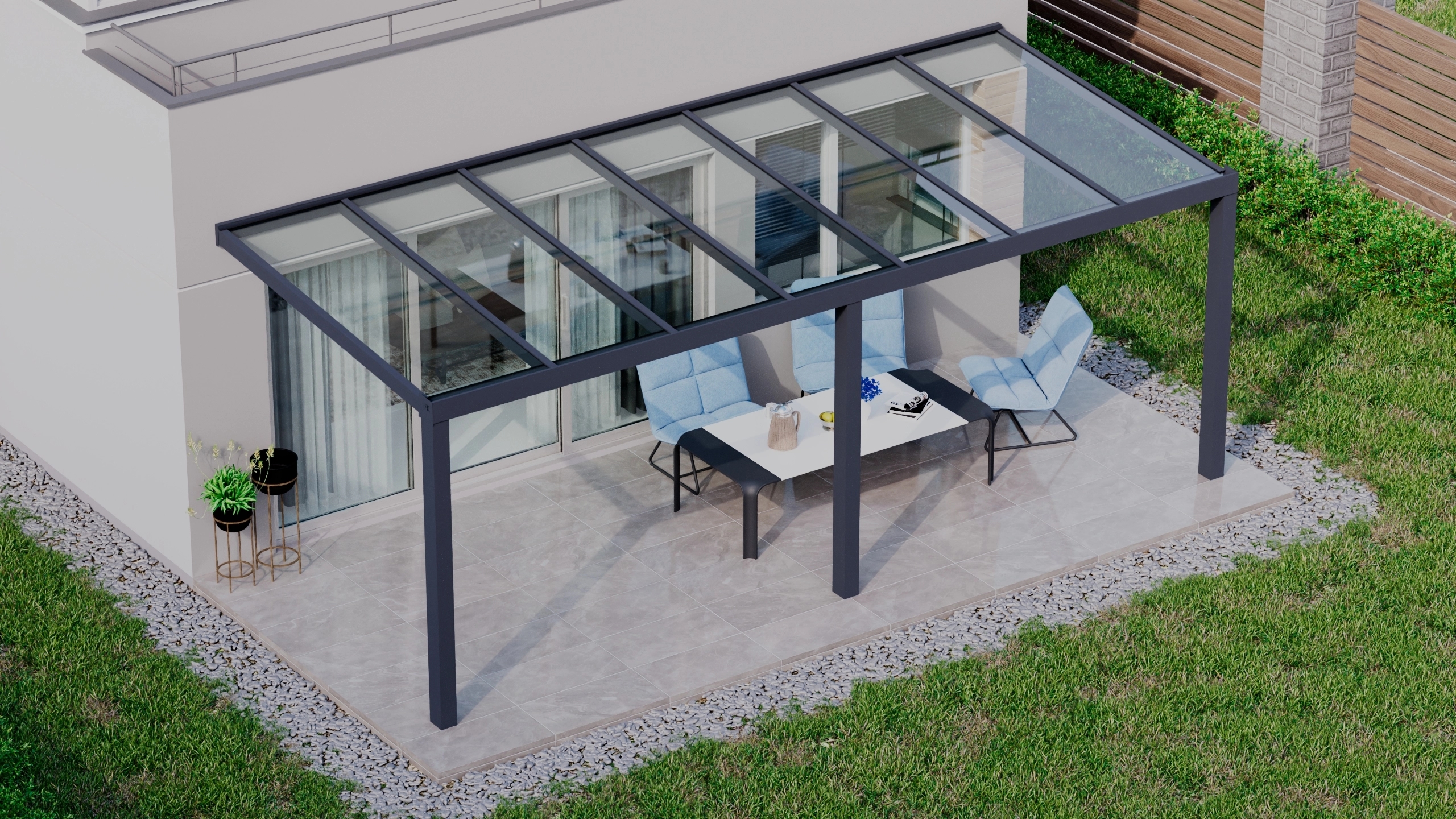 Terrasoverkapping 7,06m x 3m Antraciet RAL 7016 met VSG helder glas 8mm