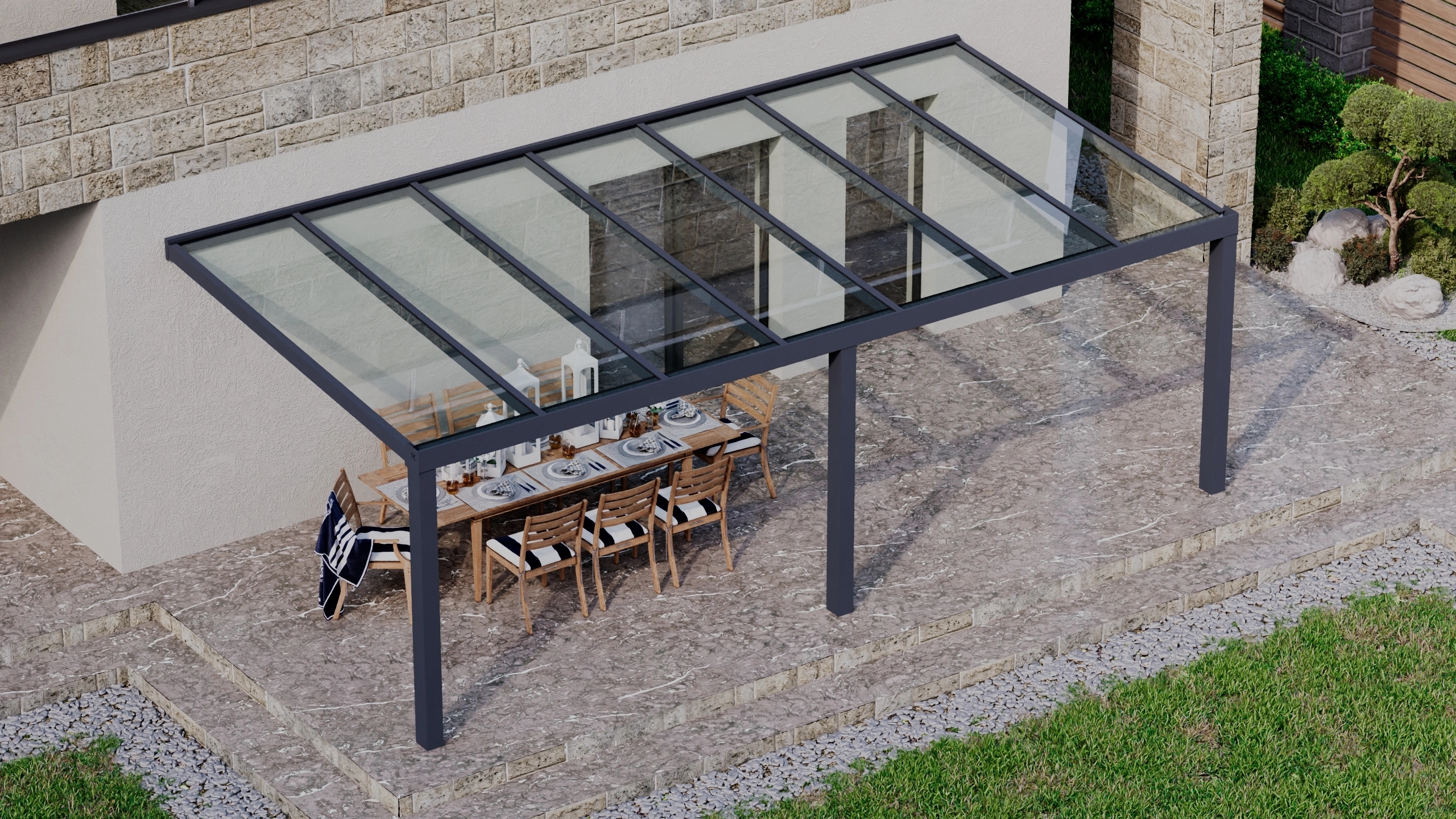 Terrasoverkapping 7,06m x 3,5m Antraciet RAL 7016 met VSG helder glas 8mm