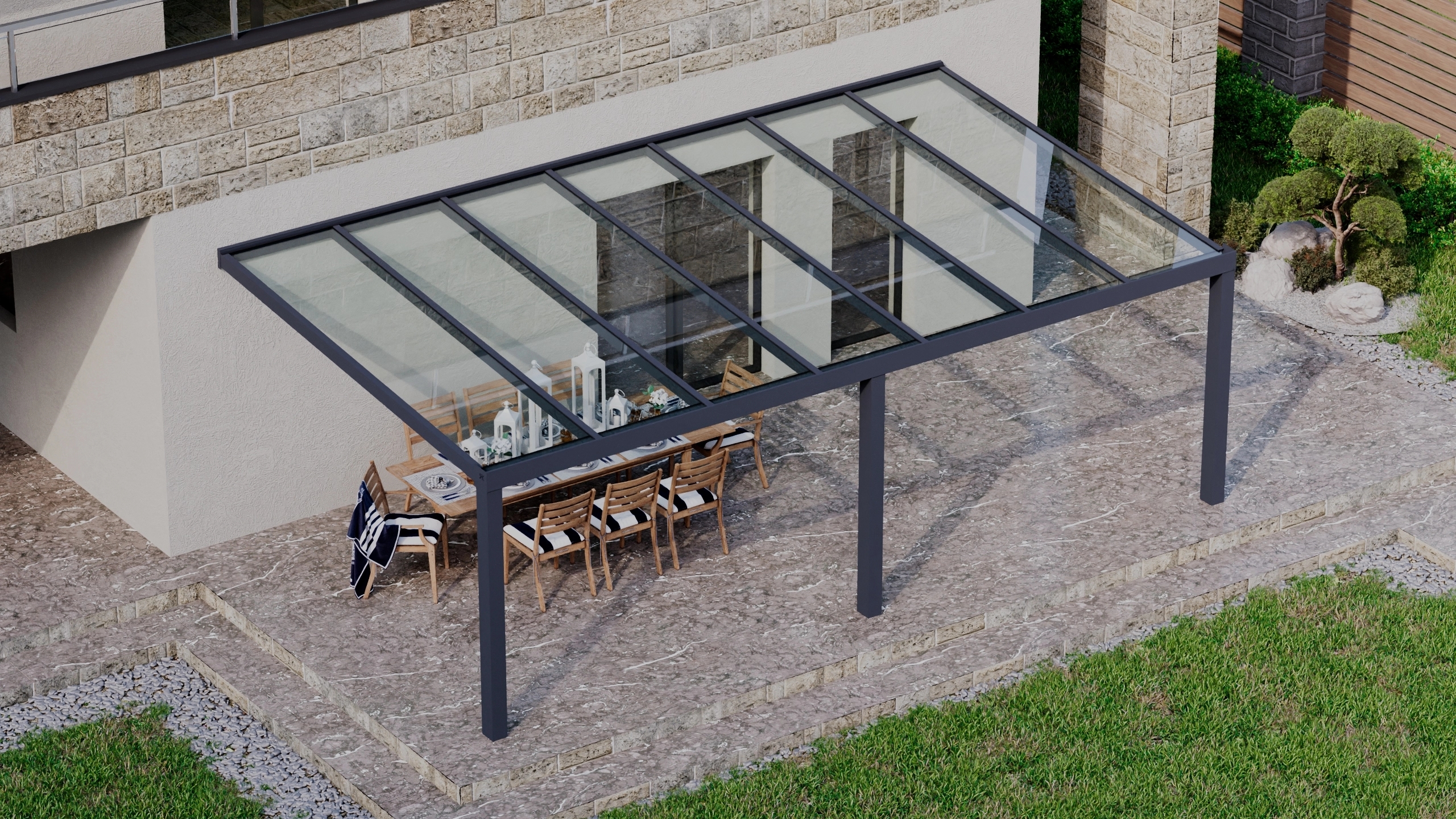 Terrasoverkapping 7,06m x 4m Antraciet RAL 7016 met VSG helder glas 8mm