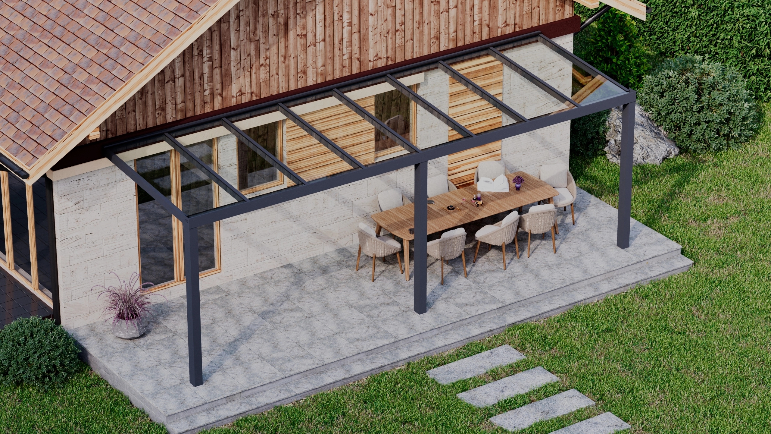 Terrasoverkapping 8,06m x 2,5m Antraciet RAL 7016 met VSG helder glas 8mm