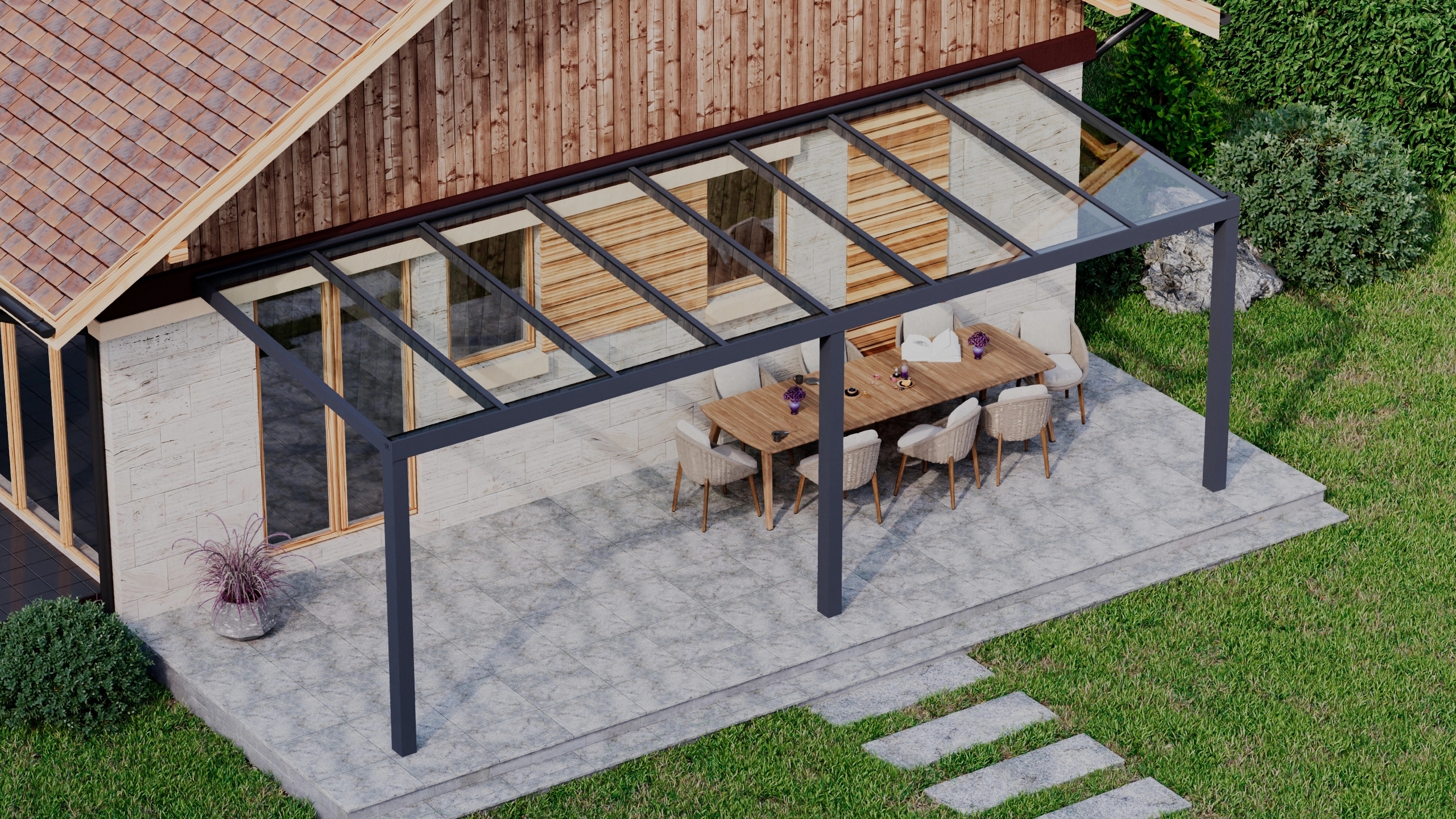 Terrasoverkapping 8,06m x 3m Antraciet RAL 7016 met VSG helder glas 8mm