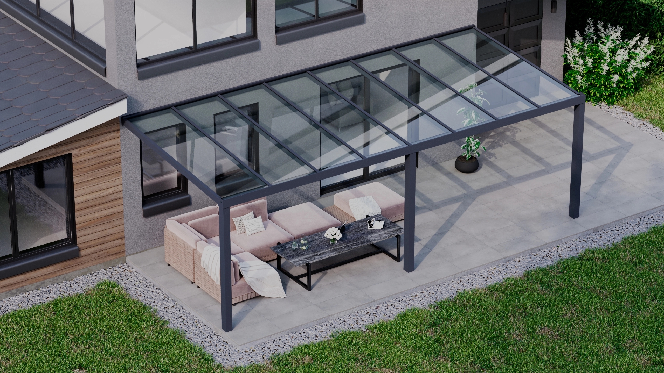 Terrasoverkapping 8,06m x 3,5m Antraciet RAL 7016 met VSG helder glas 8mm