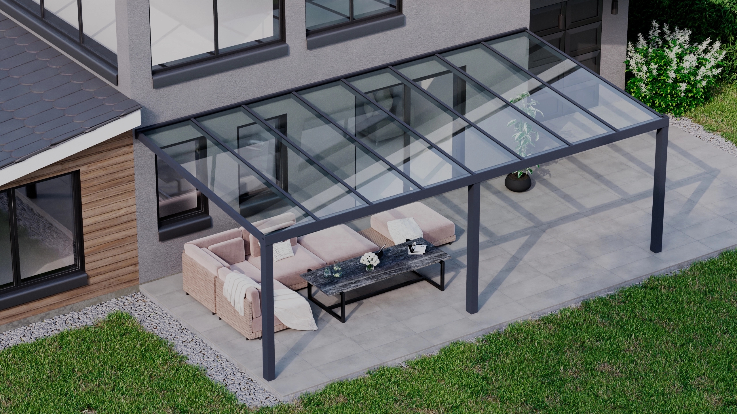 Terrasoverkapping 8,06m x 4m Antraciet RAL 7016 met VSG helder glas 8mm