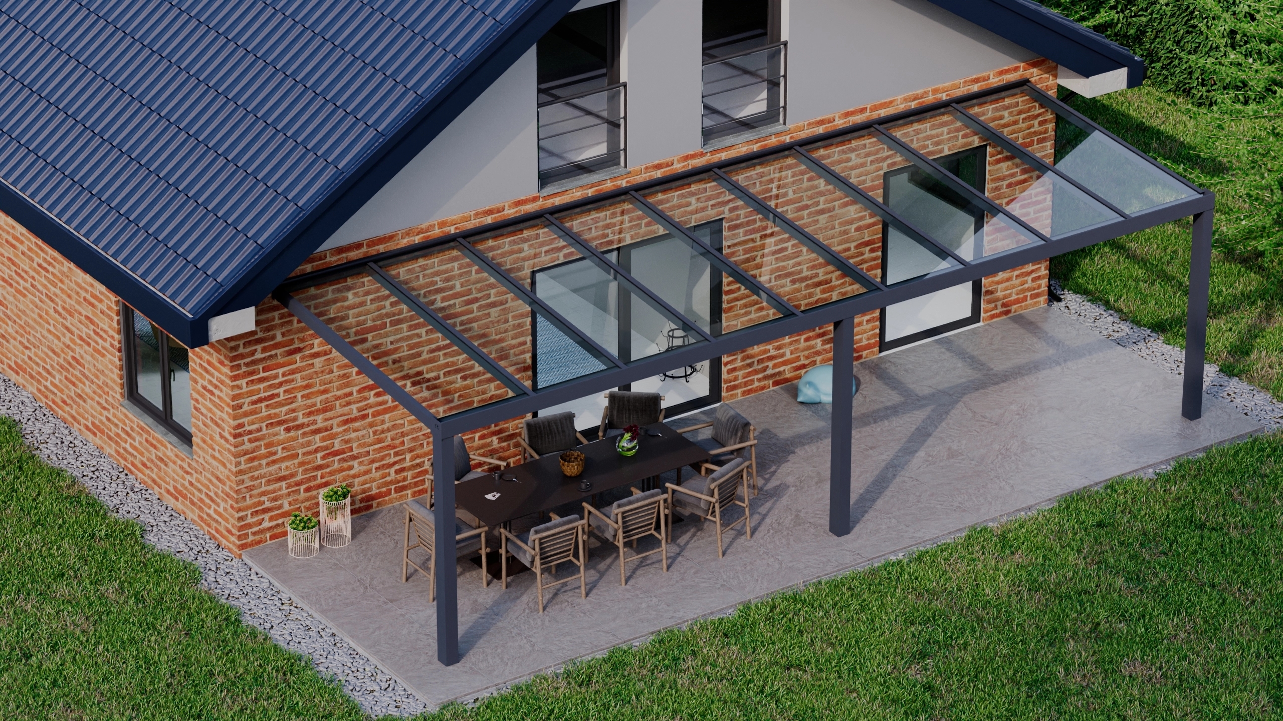 Terrasoverkapping 9,06m x 3m Antraciet RAL 7016 met VSG helder glas 8mm