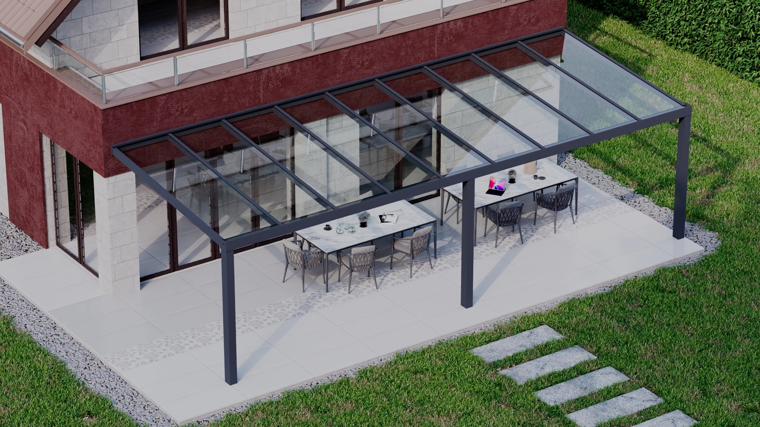 Terrasoverkapping 9,06m x 3,5m Antraciet RAL 7016 met VSG helder glas 8mm