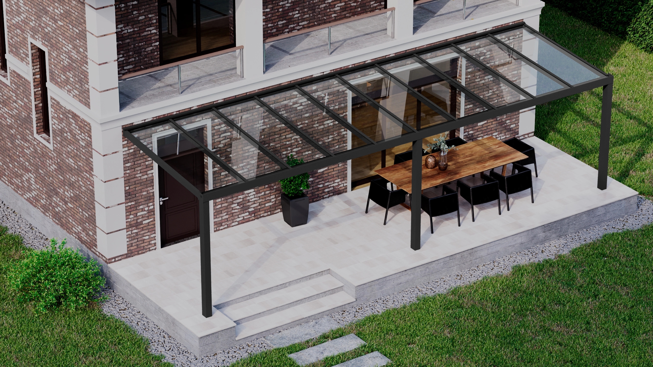 Terrasoverkapping 10,06m x 3m Zwart RAL 9005 met VSG helder glas 8mm