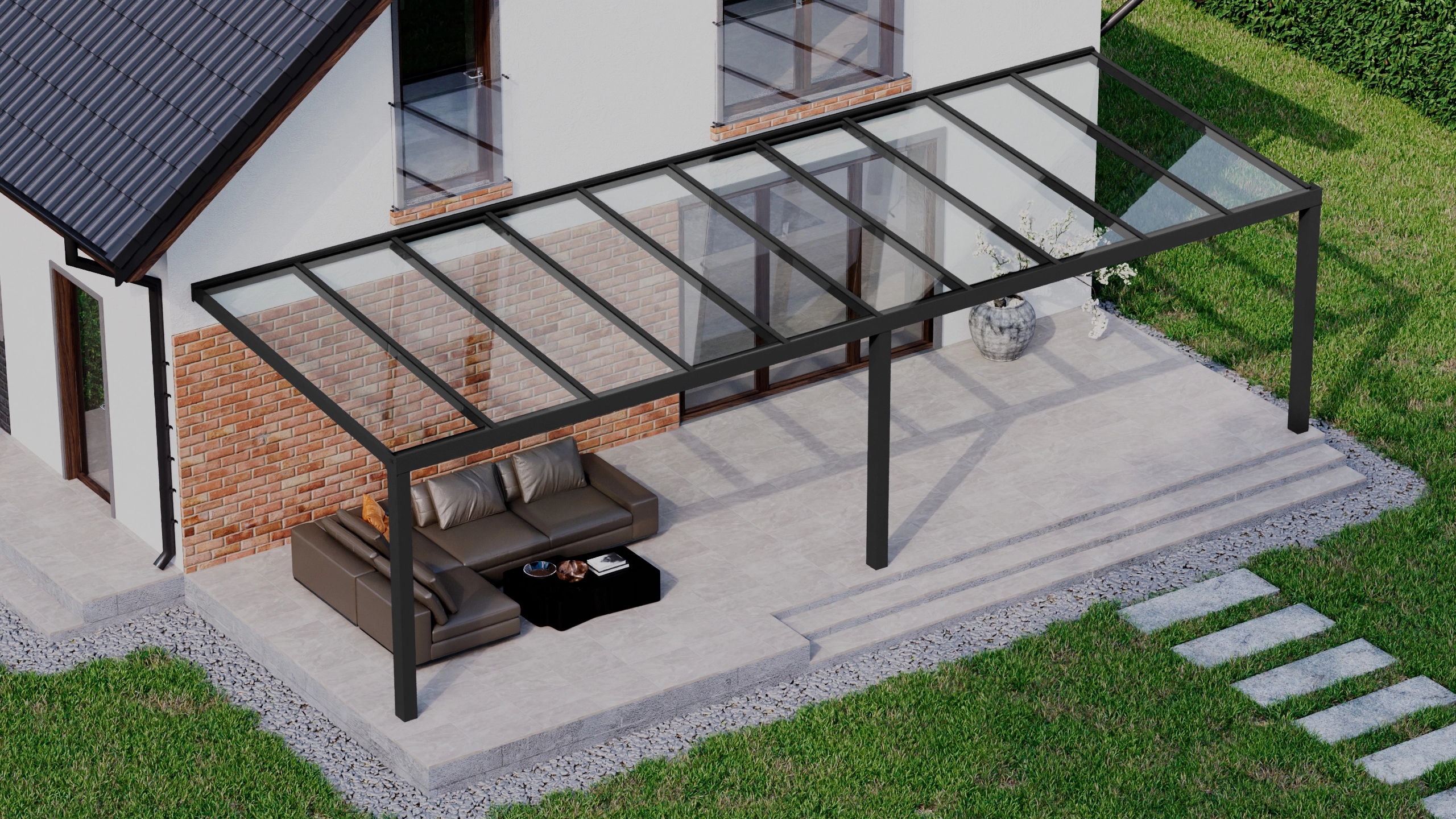 Terrasoverkapping 10,06m x 3,5m Zwart RAL 9005 met VSG helder glas 8mm