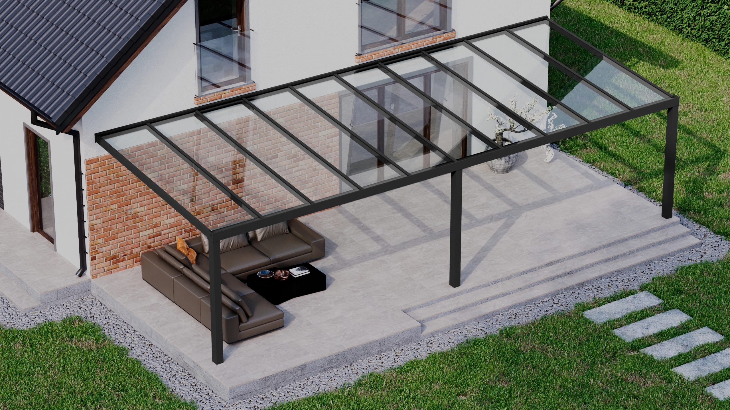 Terrasoverkapping 10,06m x 4m Zwart RAL 9005 met VSG helder glas 8mm