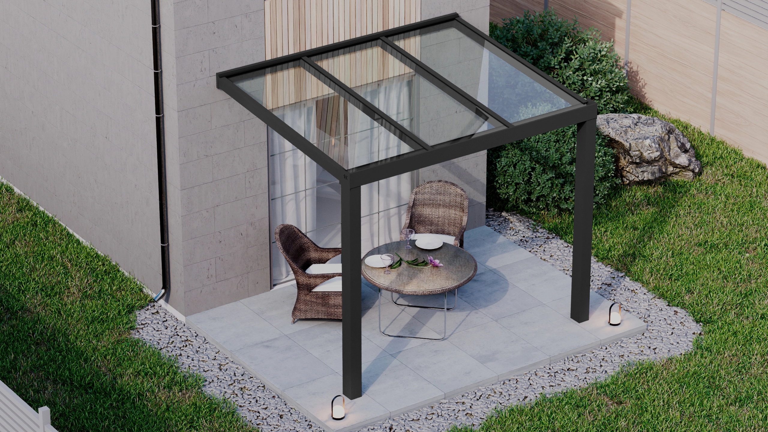 Terrasoverkapping 3,06m x 2,5m Zwart RAL 9005 met VSG helder glas 8mm