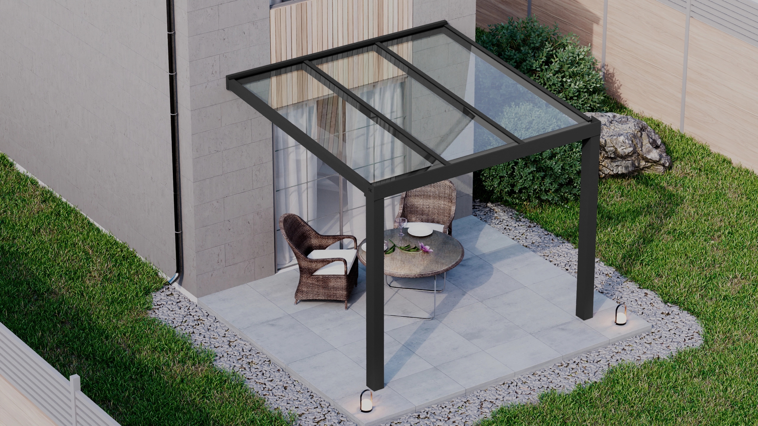 Terrasoverkapping 3,06m x 3m Zwart RAL 9005 met VSG helder glas 8mm