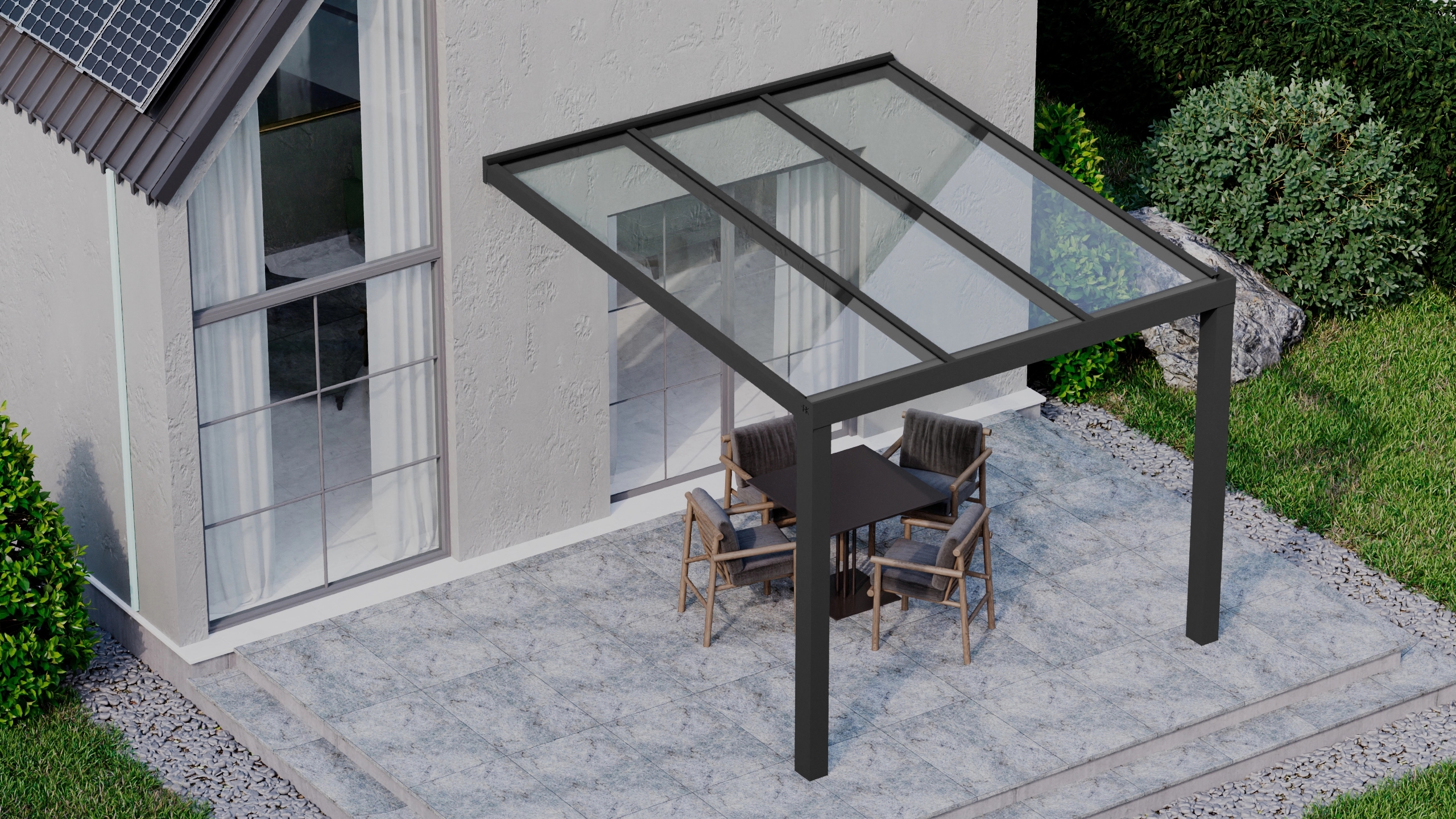 Terrasoverkapping 3,06m x 3,5m Zwart RAL 9005 met VSG helder glas 8mm