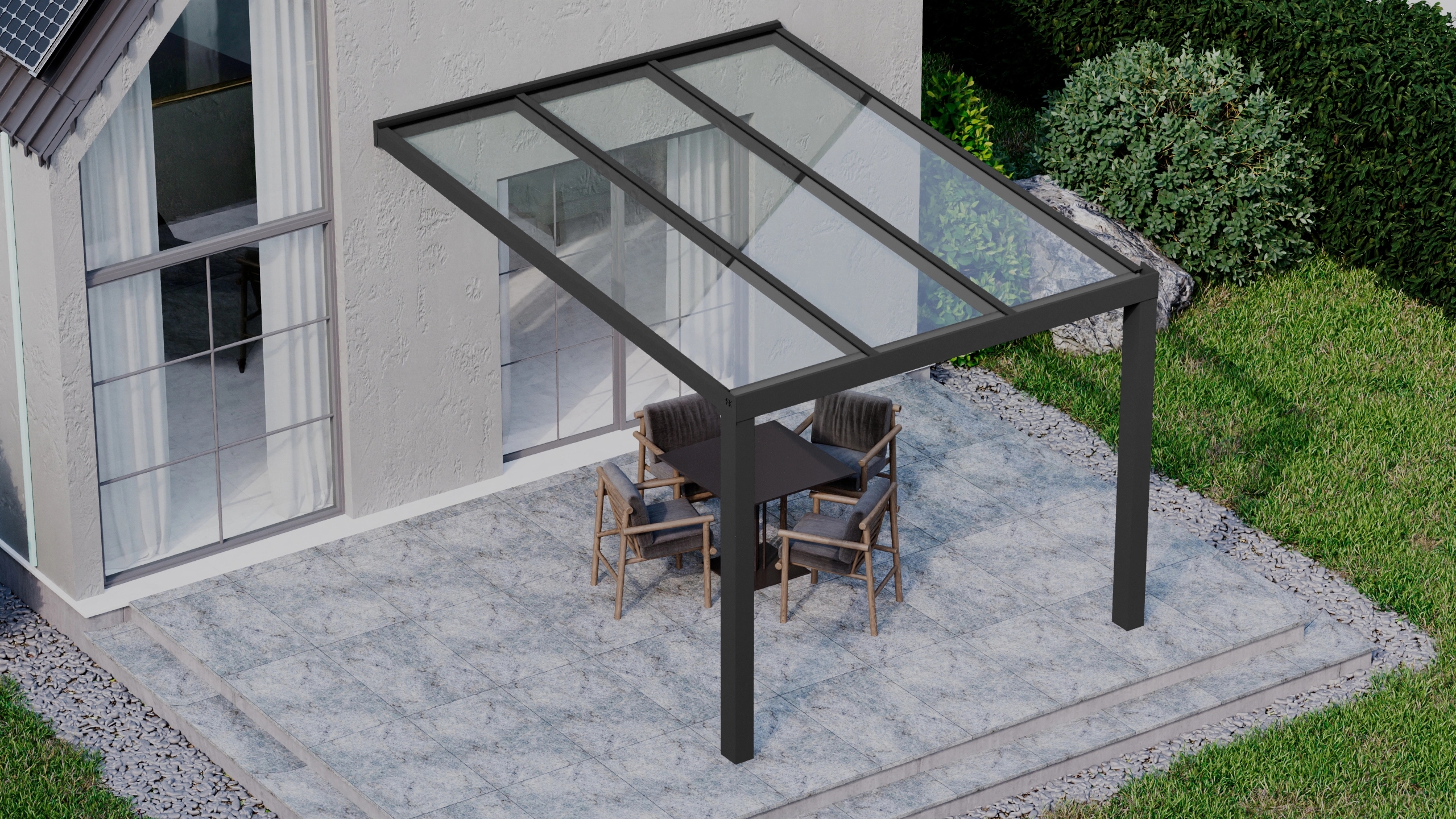 Terrasoverkapping 3,06m x 4m Zwart RAL 9005 met VSG helder glas 8mm