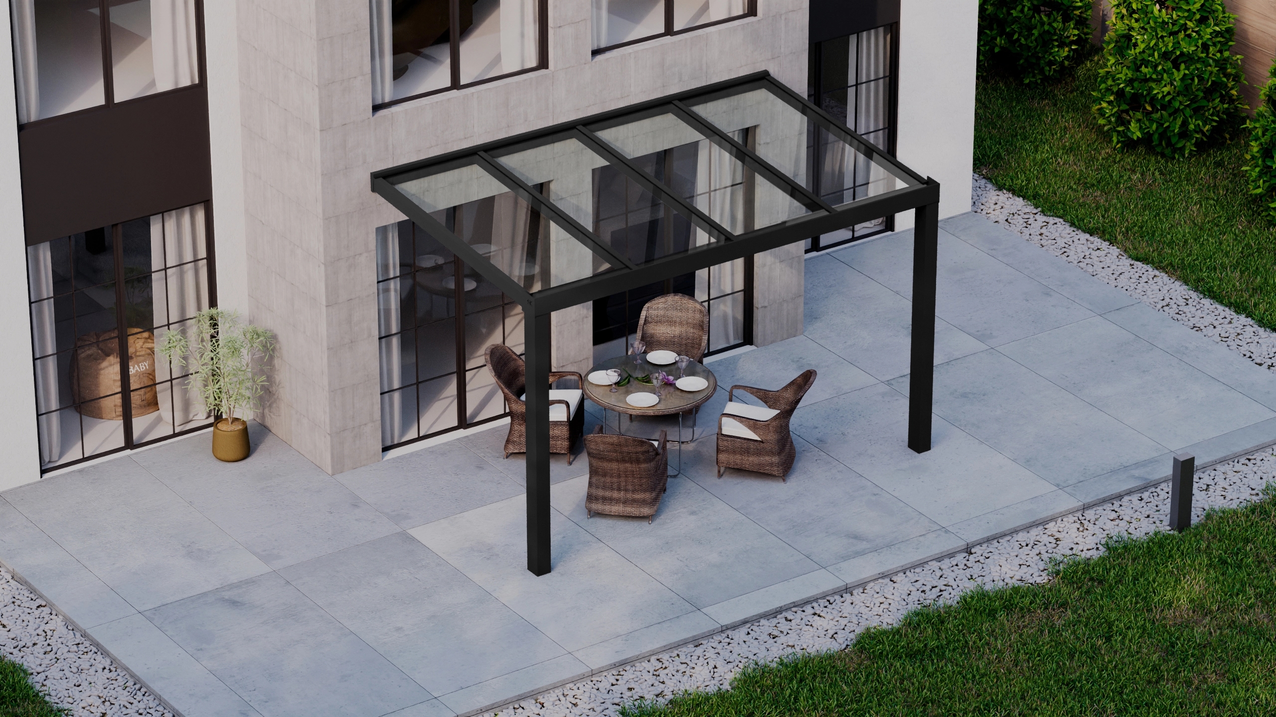 Terrasoverkapping 4,06m x 2,5m Zwart RAL 9005 met VSG helder glas 8mm