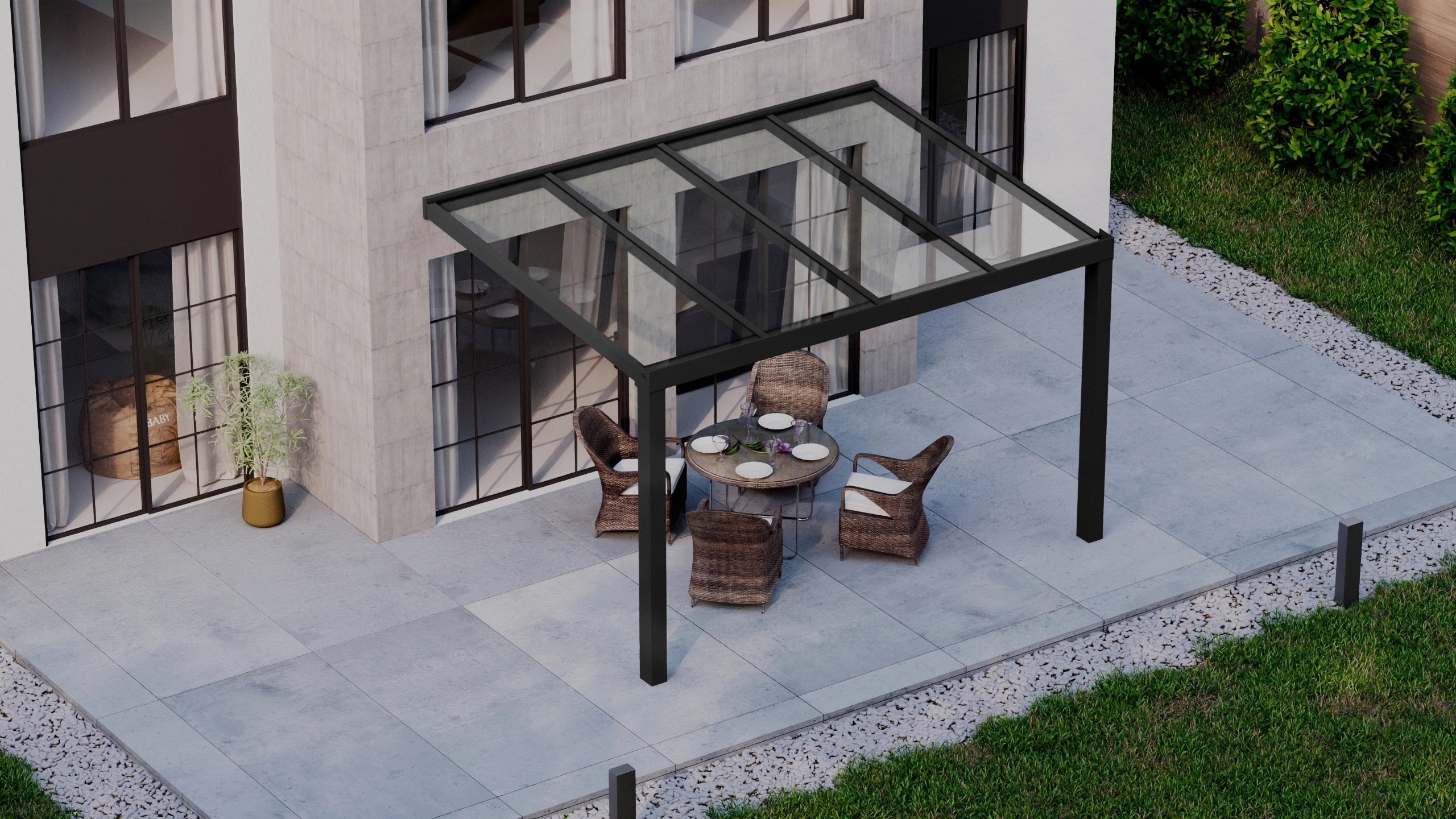 Terrasoverkapping 4,06m x 3m Zwart RAL 9005 met VSG helder glas 8mm
