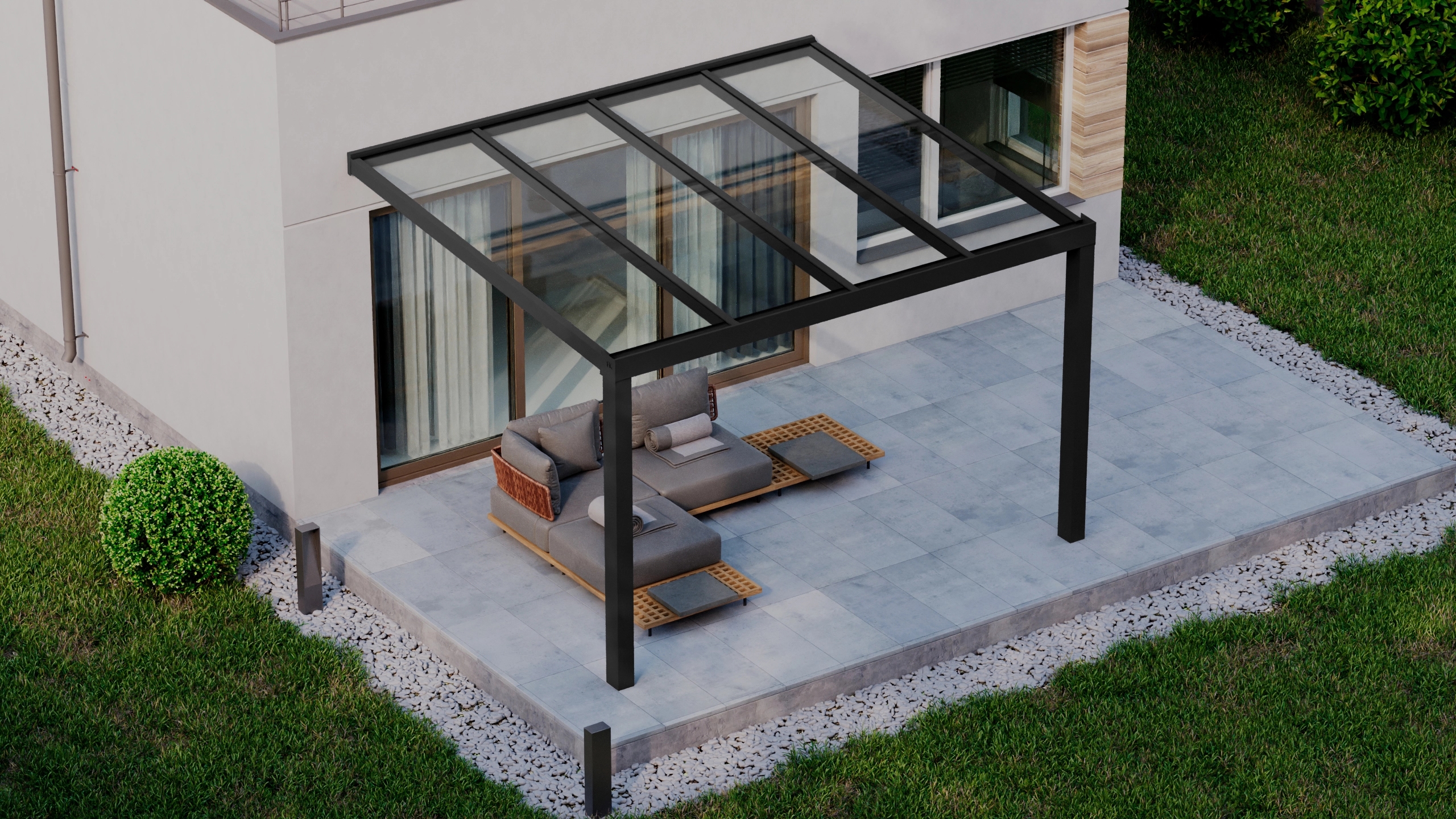 Terrasoverkapping 4,06m x 3,5m Zwart RAL 9005 met VSG helder glas 8mm