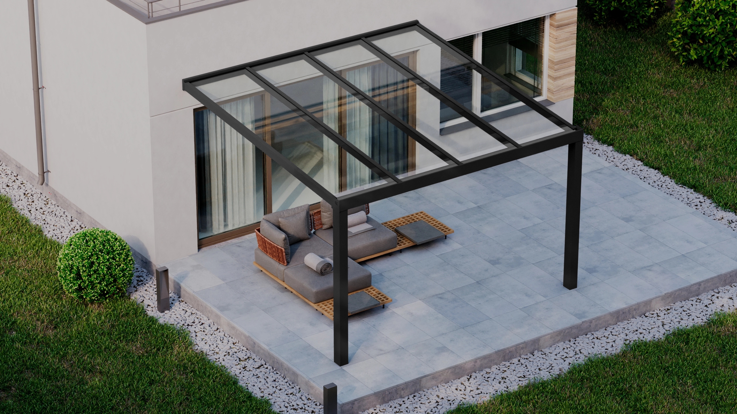 Terrasoverkapping 4,06m x 4m Zwart RAL 9005 met VSG helder glas 8mm